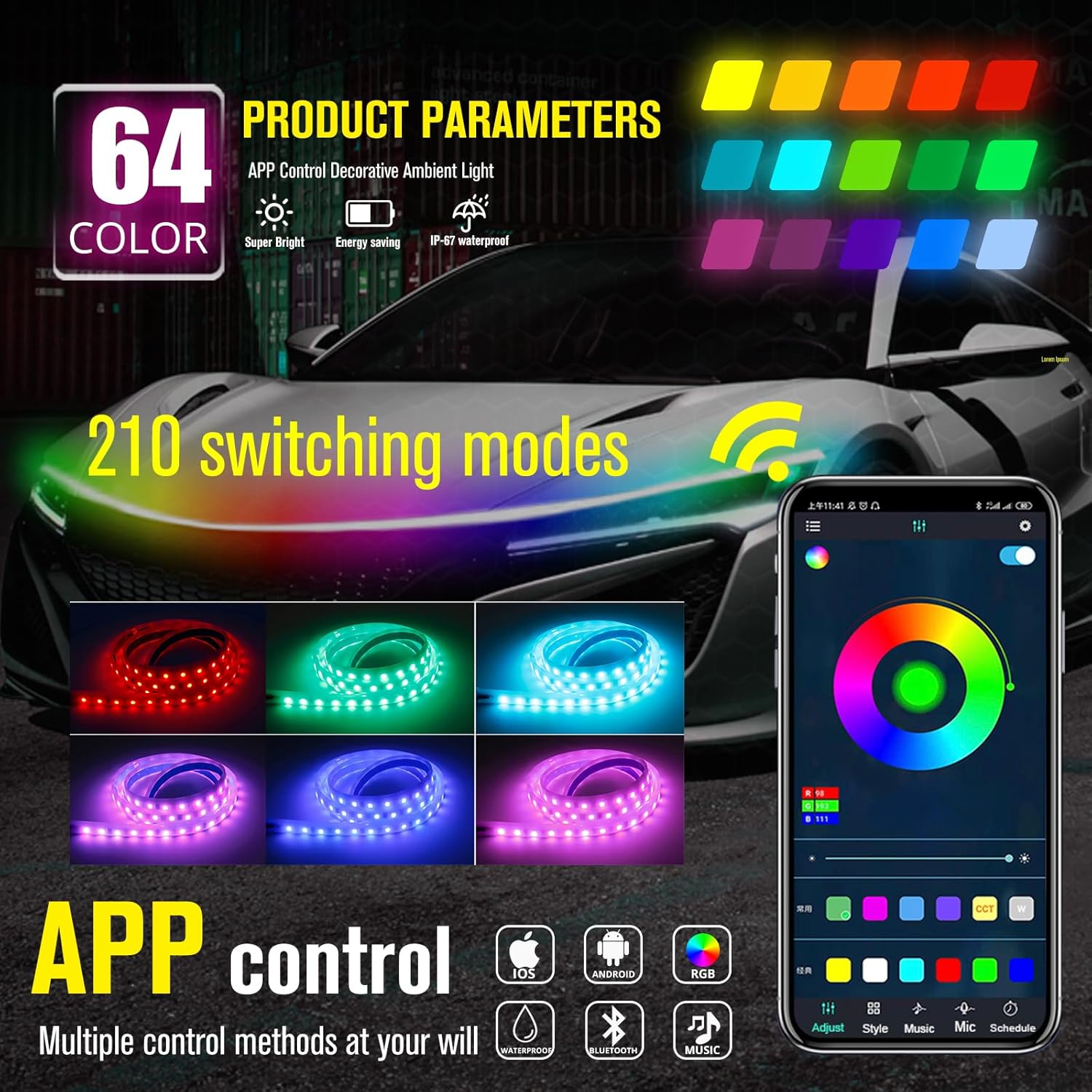 Tira de luces LED para capó de automóvil, 70 pulgadas, RGB multicolor, luces exteriores de automóvil con luz dinámica de circulación diurna A