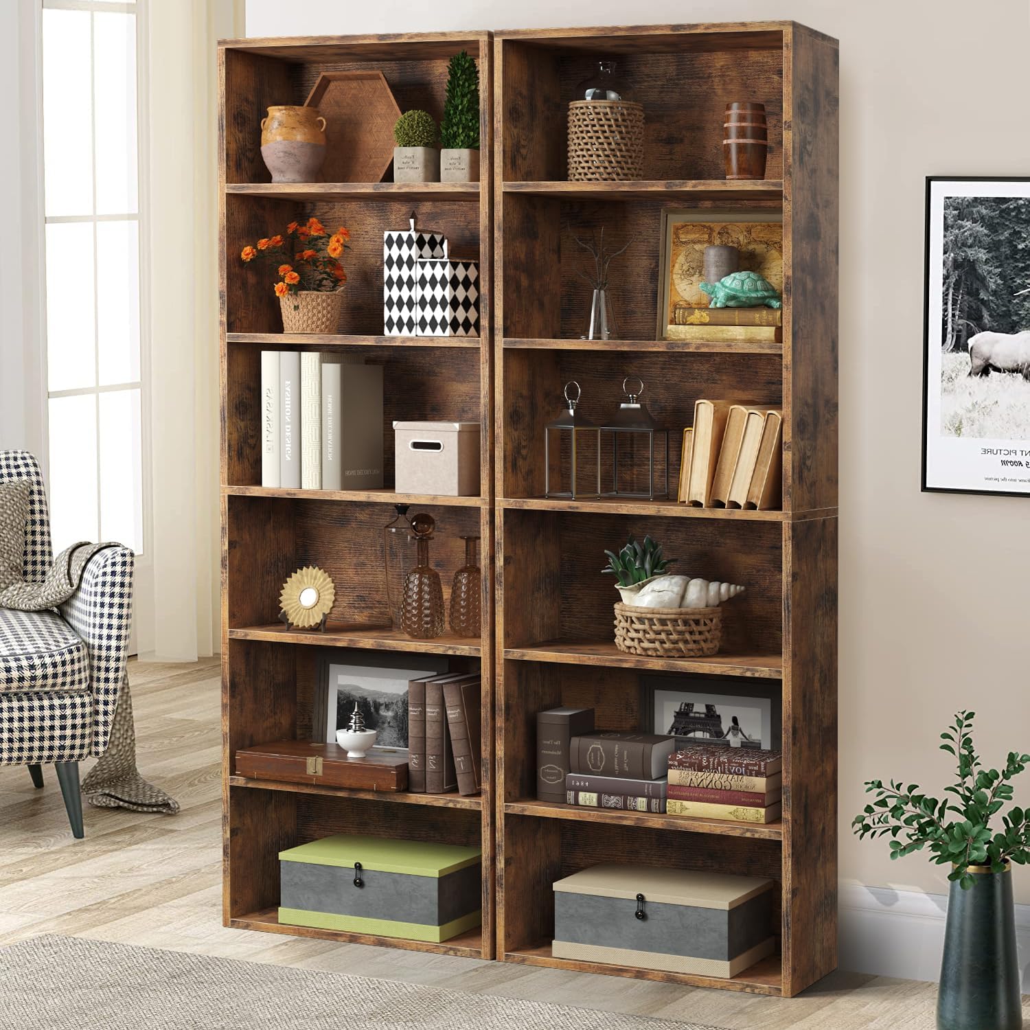 oneinmil Estantería y estantería de 6 niveles, estanterías de madera con puertas de gabinete, estanterías de piso y gabinetes de almacenamiento de