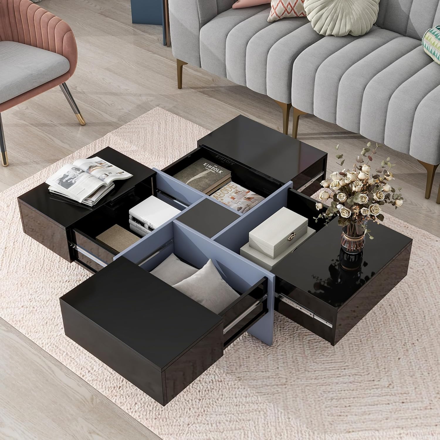 Aperturee Mesa auxiliar con 4 compartimentos de almacenamiento ocultos, mesa de cóctel cuadrada con mesa deslizante extensible, mesa central moderna