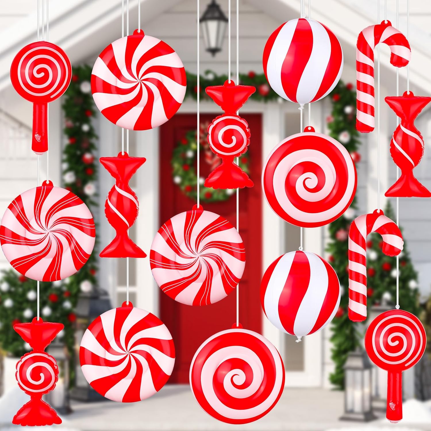 Jetec 16 piezas de dulces inflables de Navidad de 9 pulgadas, decoración colgante de caramelo de bastón de caramelo, remolino, adorno inflable de