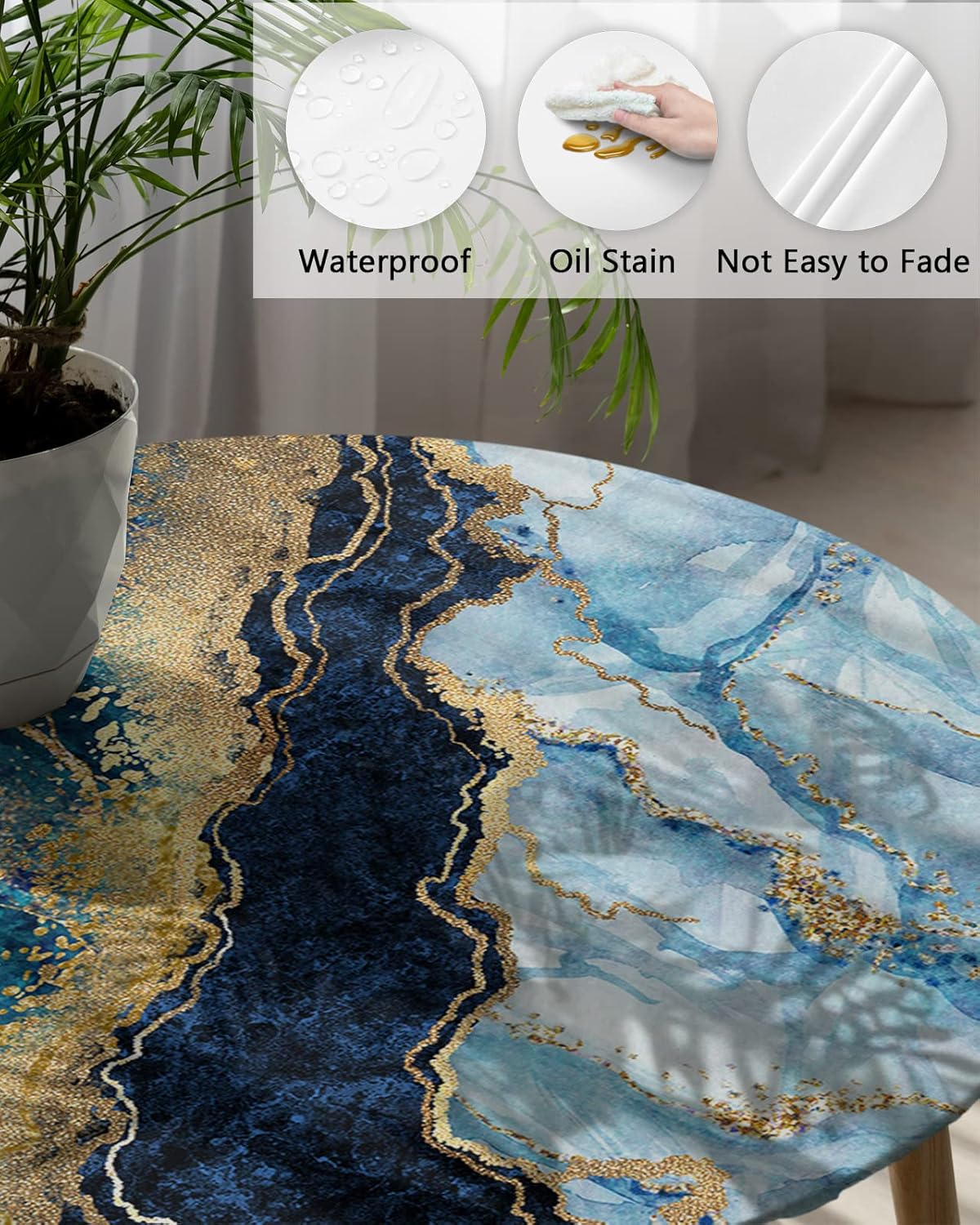 Mantel redondo de mármol para mesa de cocina con borde elástico, mantel ajustable azul dorado degradado para mesas redondas, mantel impermeable para