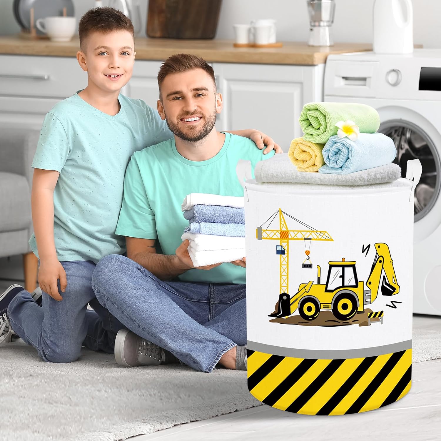 Clastyle Excavadora de dibujos animados de 45 L, color amarillo, para niños, grúa excavadora redonda, juguetes, cestas de almacenamiento de ropa