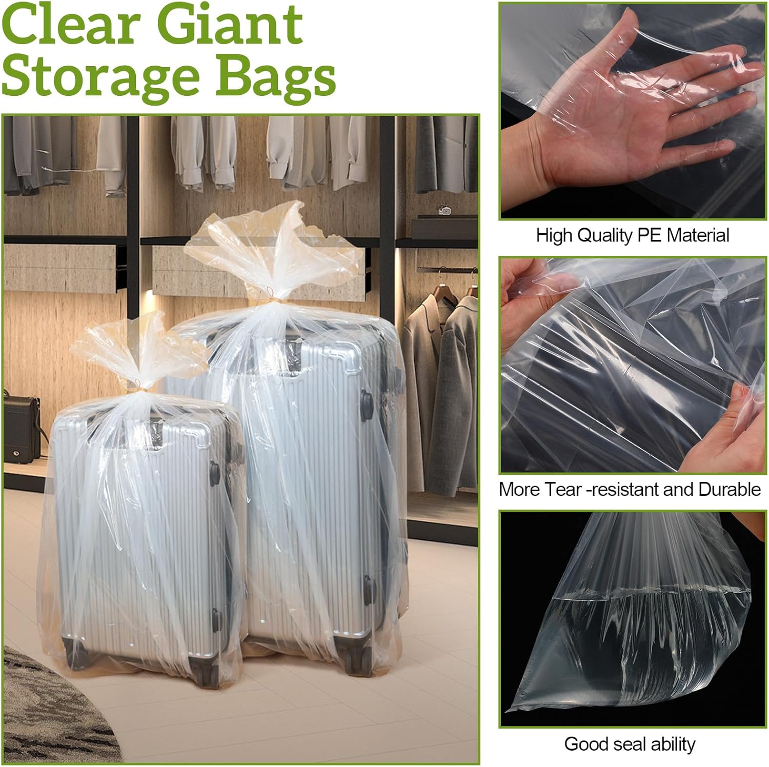 Paquete de 10 bolsas de almacenamiento gigantes transparentes de plástico gigantes, bolsas de plástico grandes para mudanza, bolsas de plástico