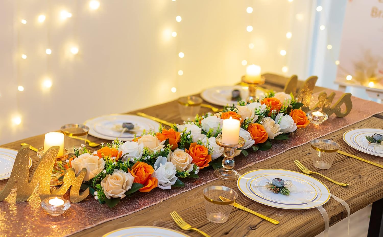 BLOSMON Flores artificiales, centros de mesa de boda, flores falsas, 6 piezas de arreglo floral de seda naranja, camino de mesa de comedor, flor de