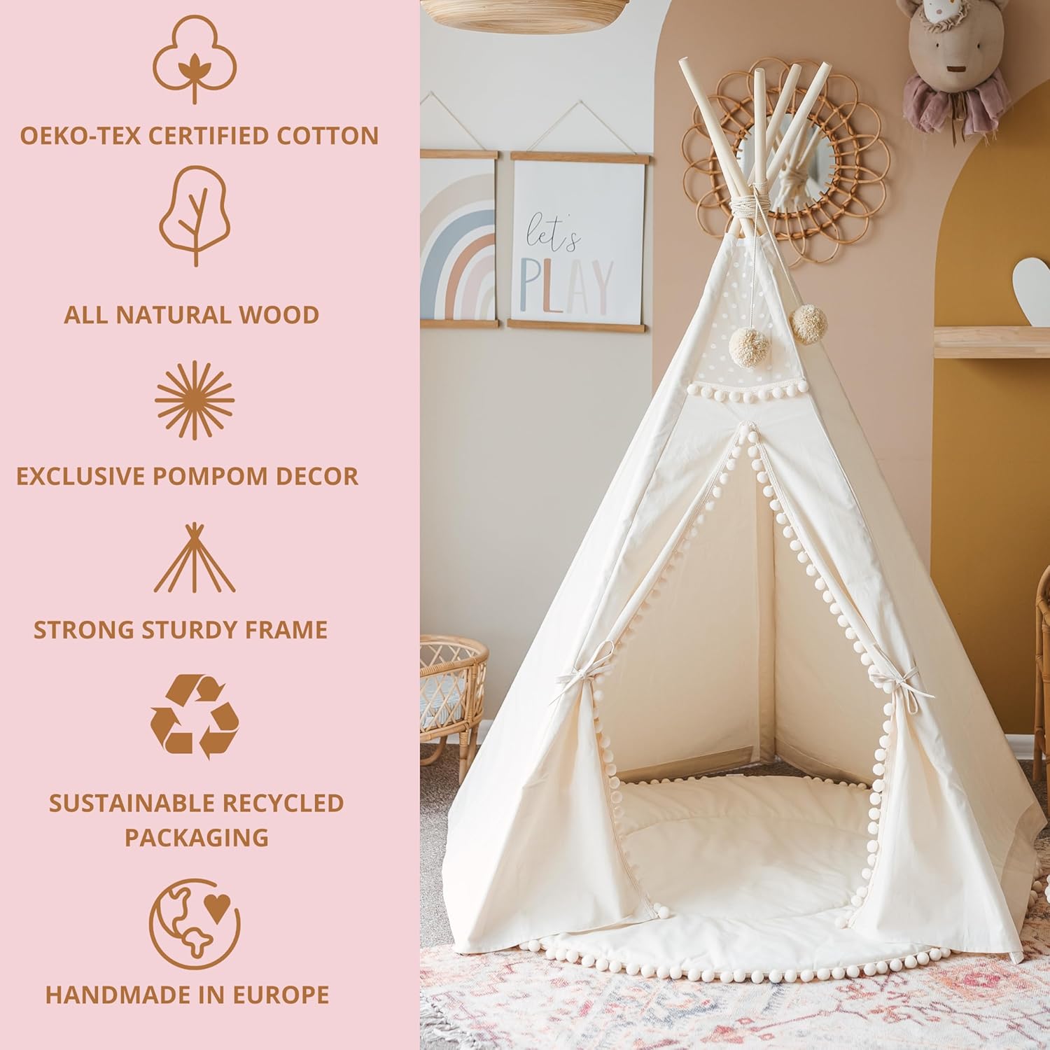 MINICAMP Tienda de campaña tipi original para niños, hecha a mano de lona natural y casa de juegos de madera para niños y niños, tienda de campaña
