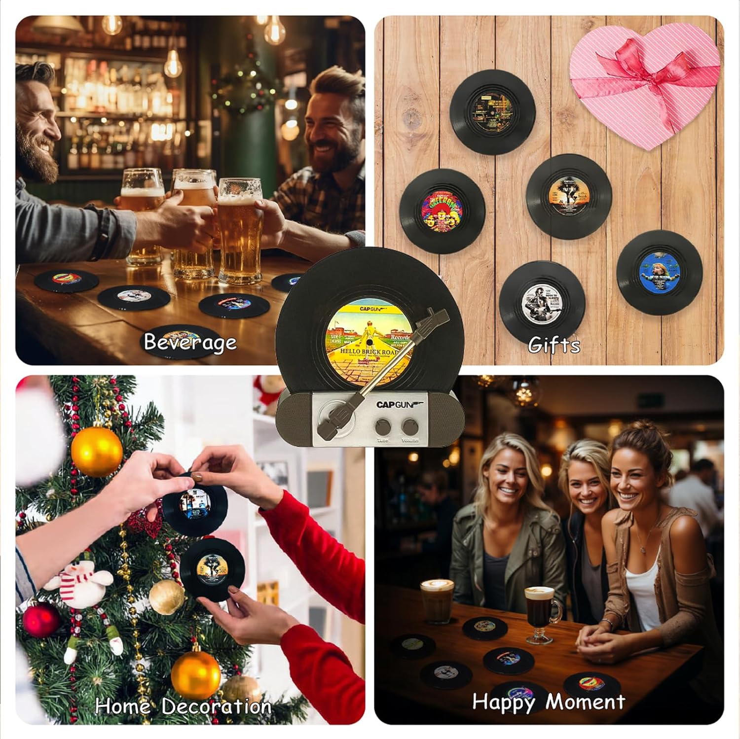 Divertidos posavasos retro para discos de vinilo, juego de 6 posavasos creativos con soporte para tocadiscos de vinilo para amantes de la música,
