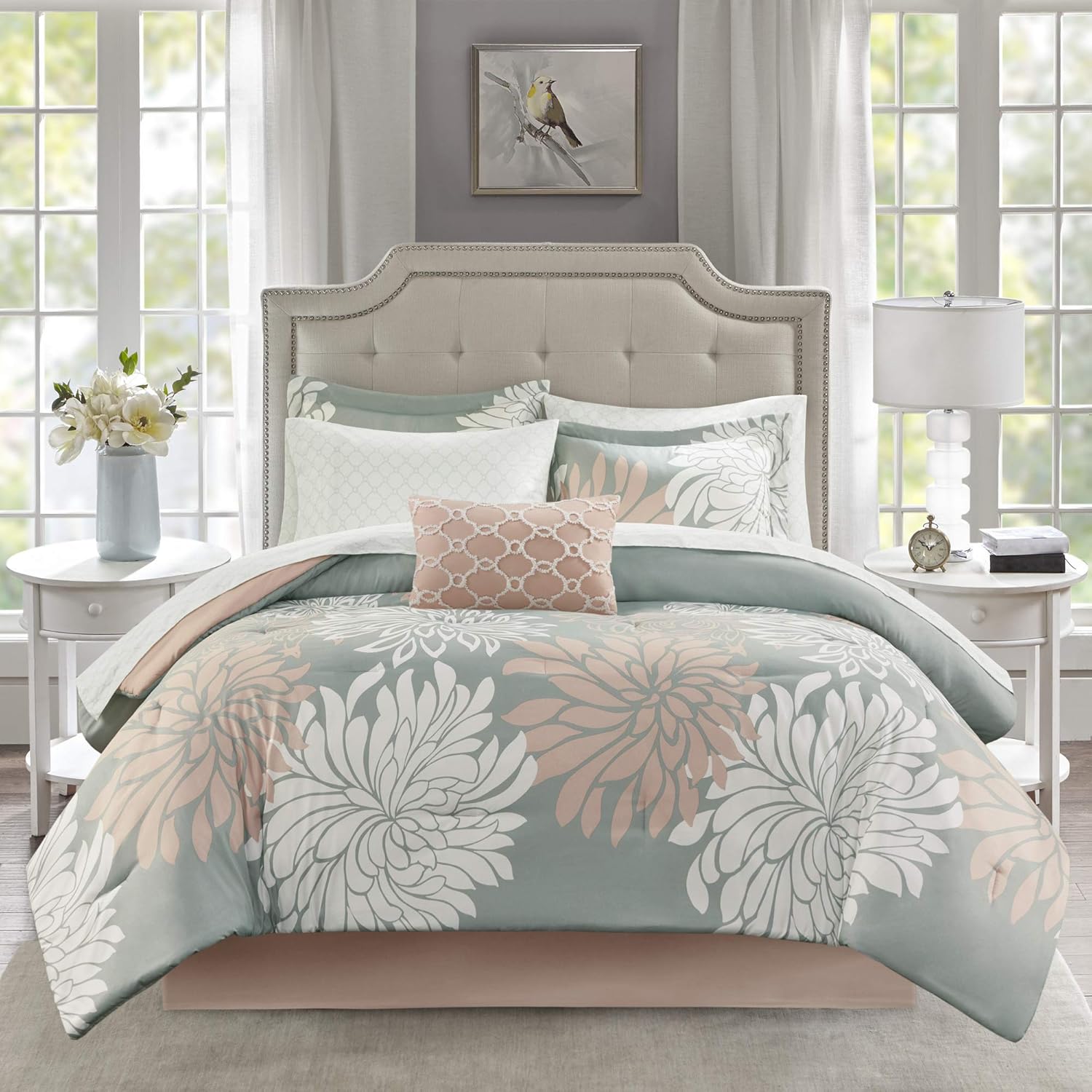 MPE10-860 – Juego de cama para todas las estaciones, con almohada decorativa a juego, tamaño matrimonial (78 x 86pulgadas), color rosado y gris