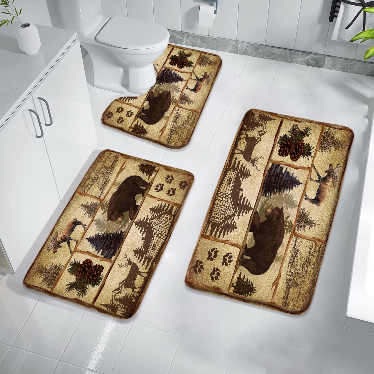 Juego de 3 alfombras de baño rústicas, alfombras de baño de estilo rústico con oso, alce, bosque, granja, granja, granja, granja, granja, granja,