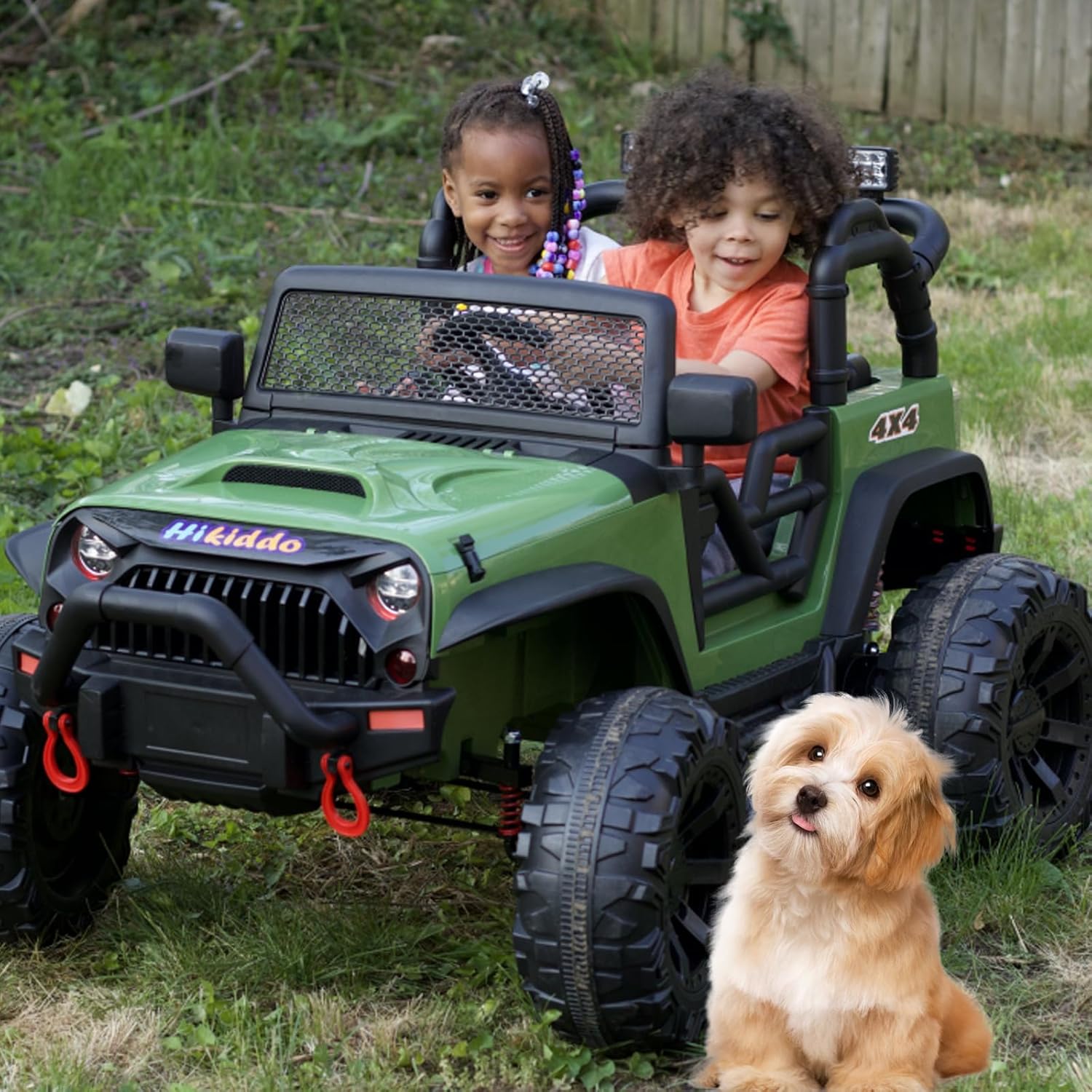 Juguete de paseo de 12 V 4WD para niños grandes, camión de 2 plazas para niños con control remoto, Bluetooth, verde militar