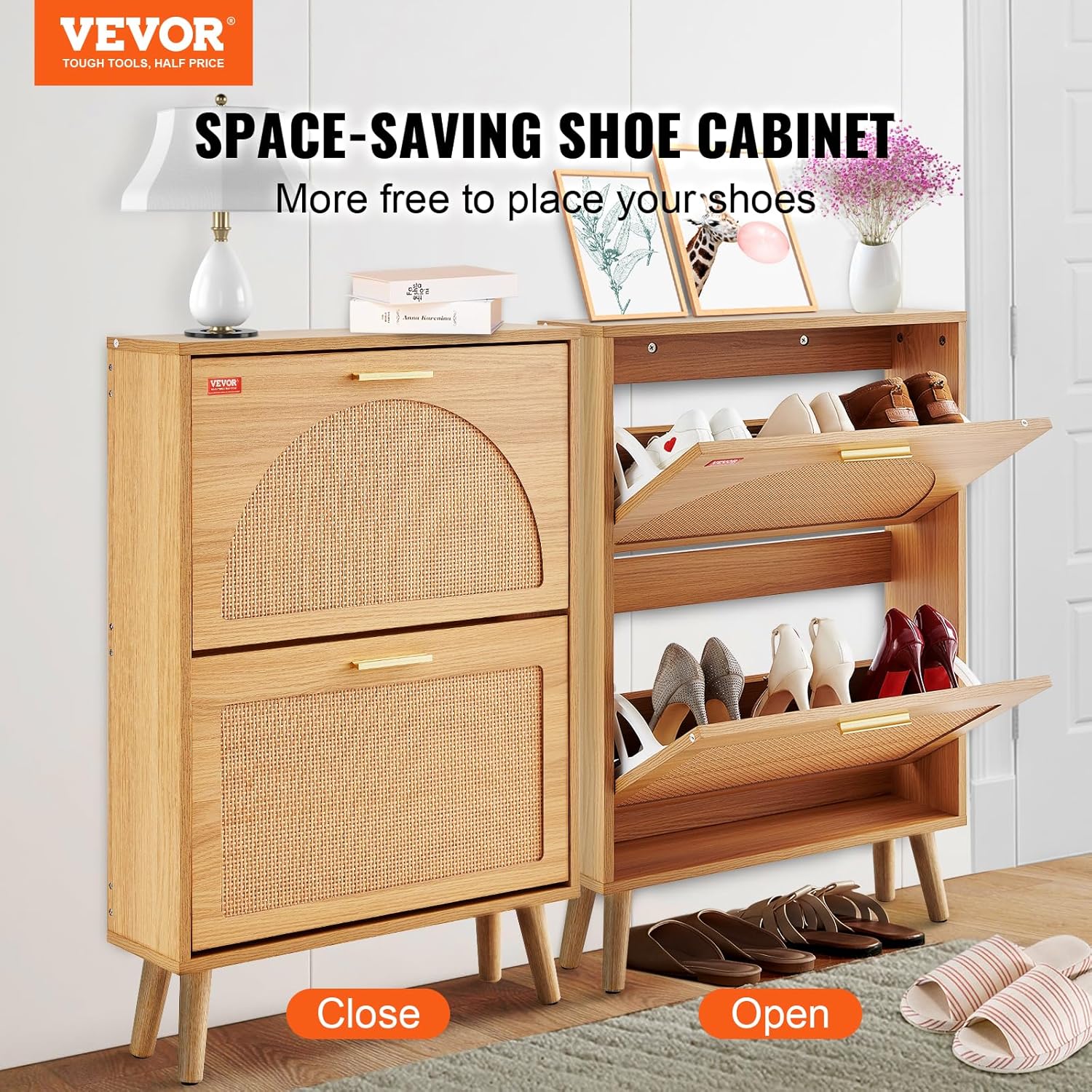 VEVOR Shoe Storage Cabinet for Entryway, 23.6″ D x 6.6″ W x 34.5″ H, Wood Color