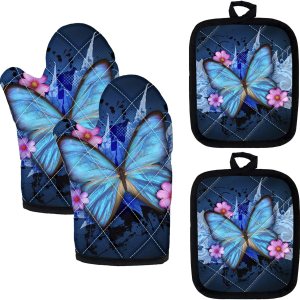 UNICEU Juego de 4 guantes de horno y agarraderas de mariposa azul caliente resistentes al calor para cocina, juego de regalo con agarre texturizado UNICEU Juego de 4 guantes de horno y agarraderas de mariposa azul caliente resistentes al calor para cocina, juego de regalo con agarre texturizado