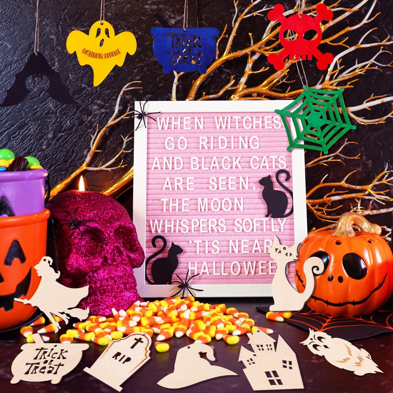 MGparty Manualidades de Halloween, 60 piezas de rebanadas de madera de Halloween, manualidades de madera natural sin terminar, adornos preperforados