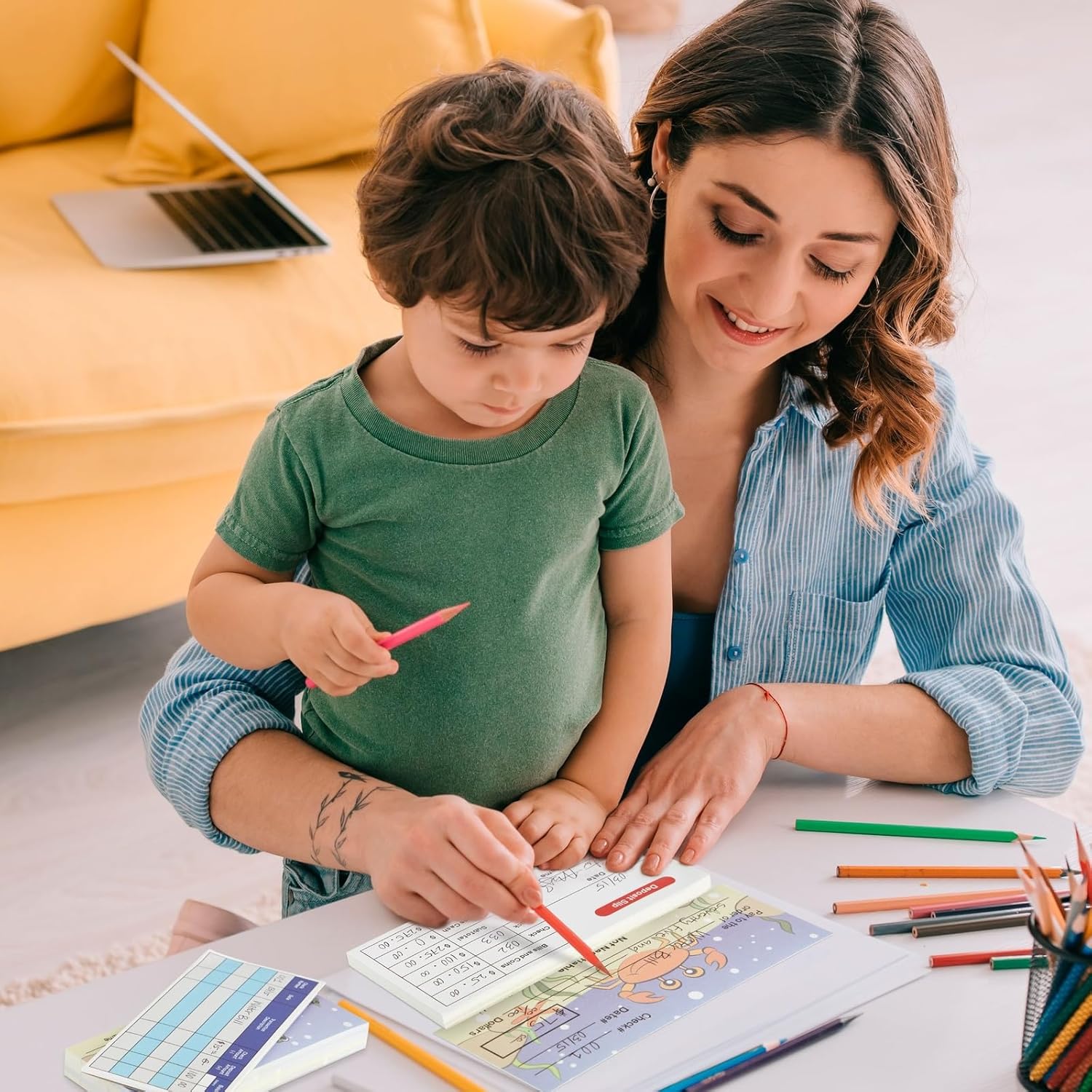 BLUE PANDA 150 hojas de chequera falsa para niños que aprenden con comprobación de depósito y registro de cheques para suministros escolares de