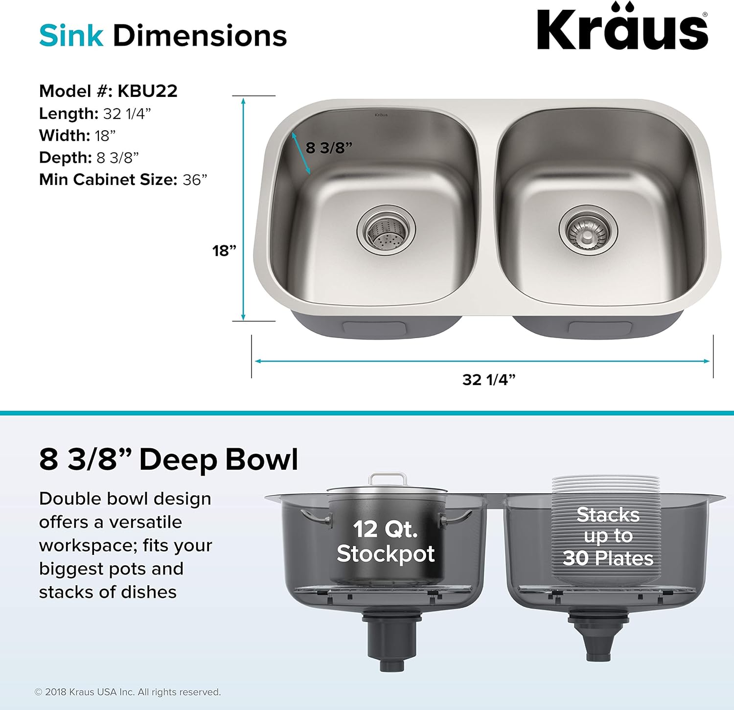 Fregadero doble KBU22 de la marca Kraus. 32 pulgadas, de montaje inferior, doble cavidad 5050, acero inoxidable de calibre 16, KBU22