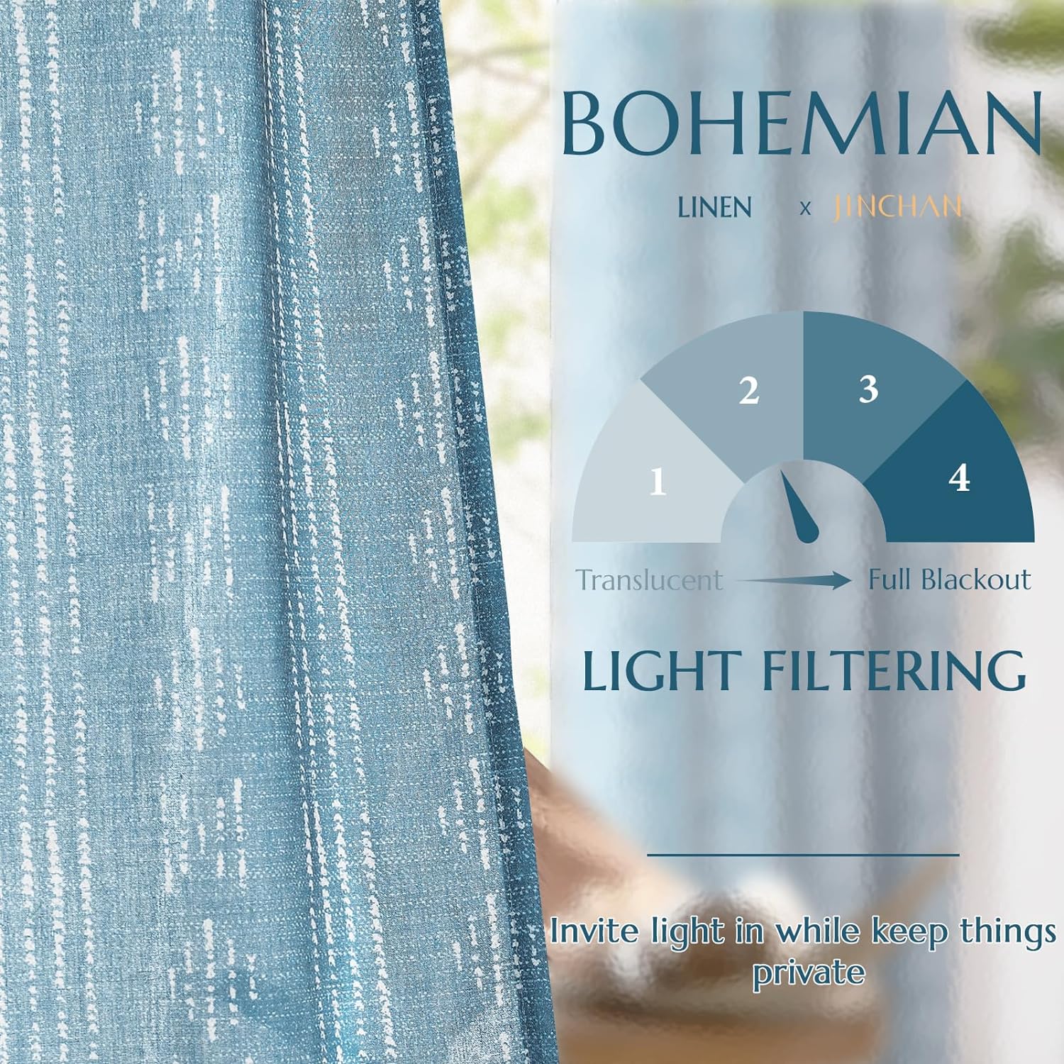 jinchan Cortinas bohemias de lino para sala de estar, cortinas bohemias azules de 108 pulgadas de largo para dormitorio, extralargas,