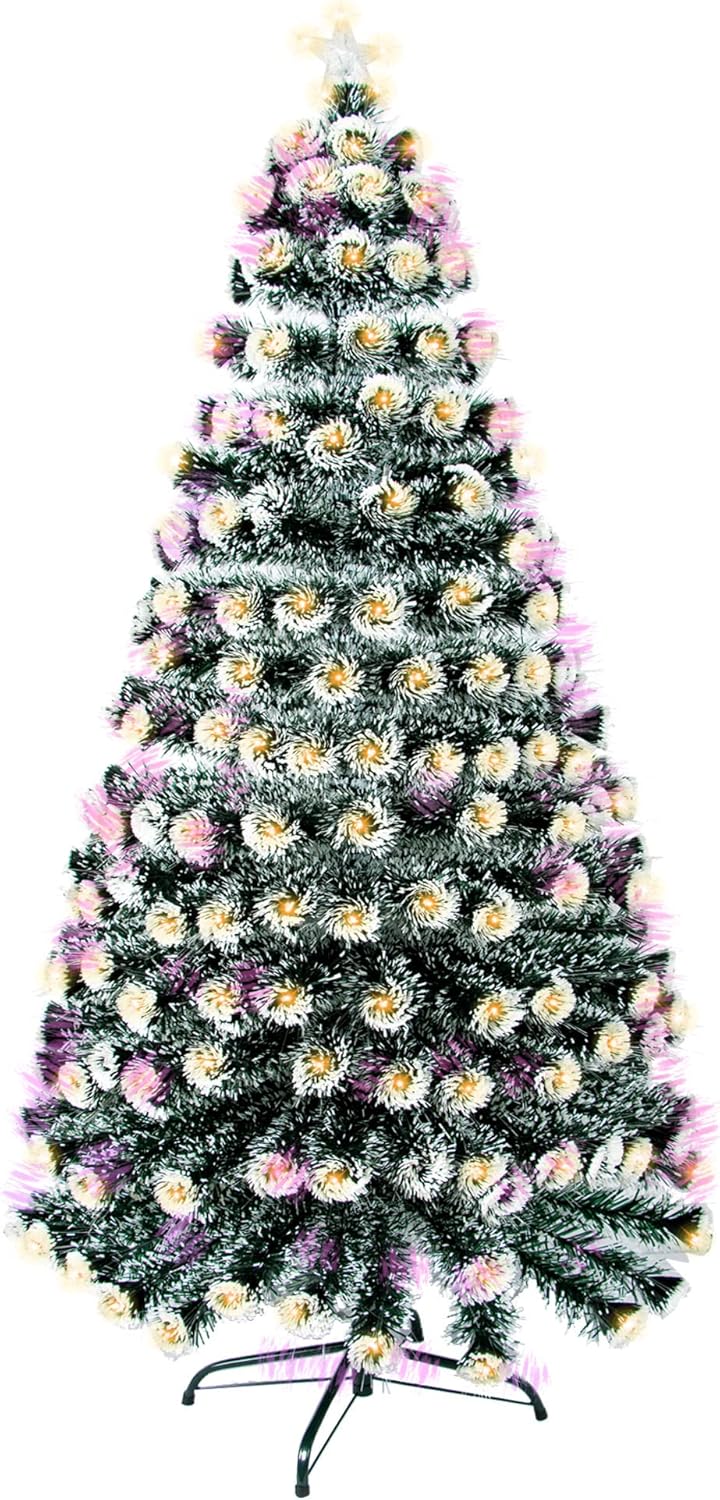 GEX Árbol de Navidad preiluminado de 7 pies con luces, 8 modos, luces cálidas amarillas, verde oscuro artificial con borde blanco, pino con soporte