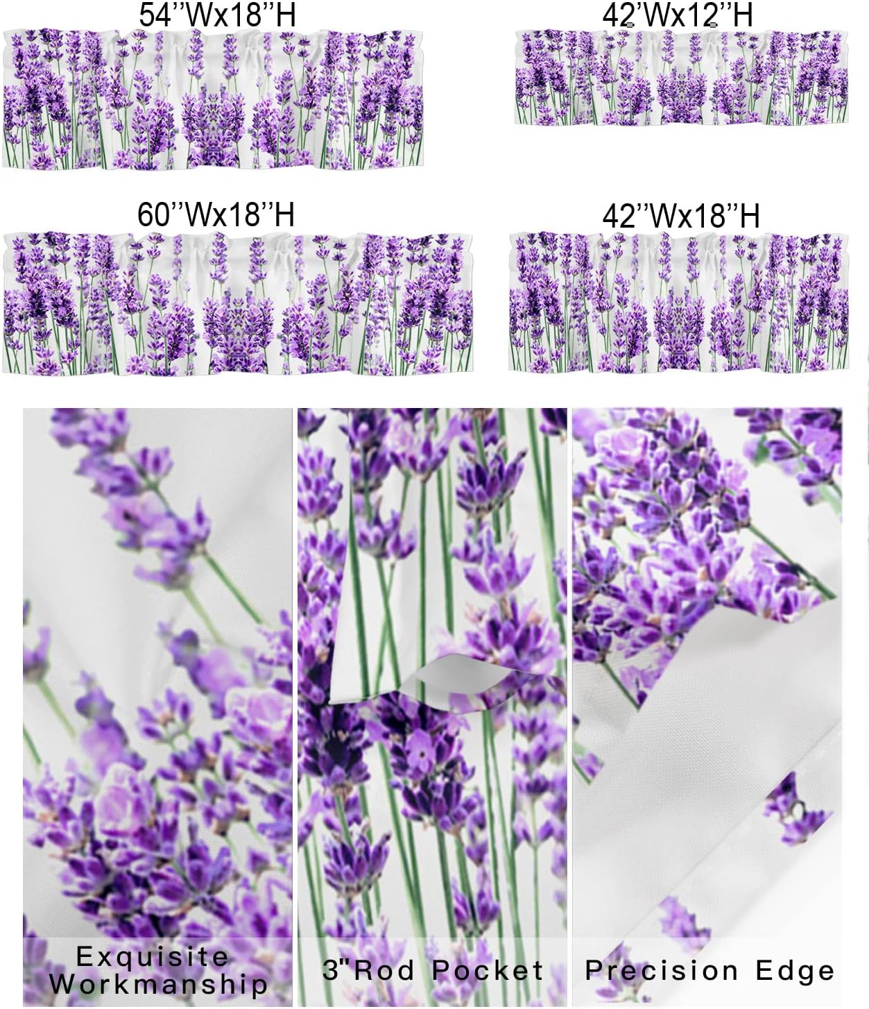 Cortina de cenefas de lavanda púrpura pastoral para cocina, cafetería, cenefa floral de primavera de 42 x 12 pulgadas, bolsillo para barra, cortinas