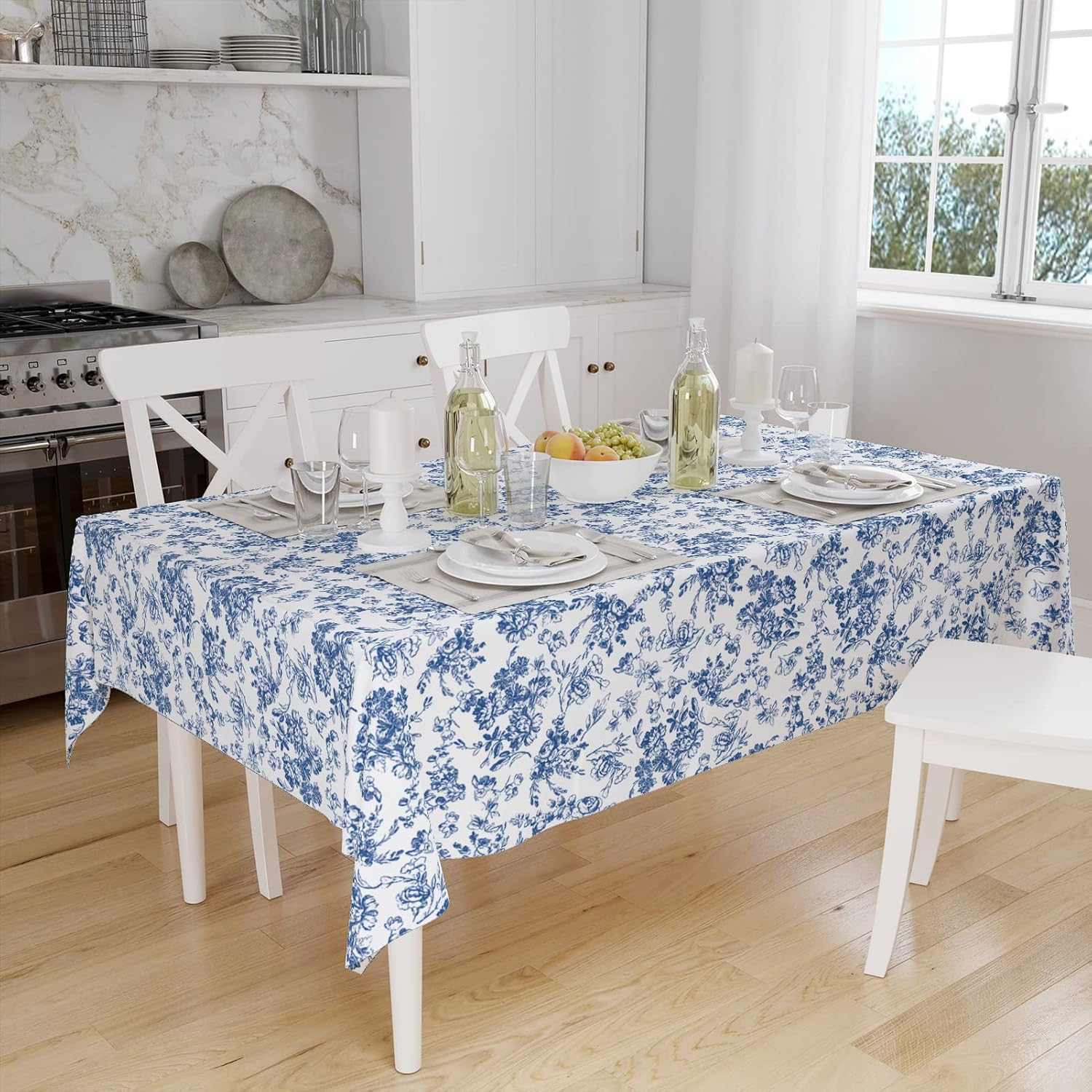 Mantel rectangular vintage azul y blanco, mantel floral azul rústico, lavable, resistente a las arrugas para restaurantes, picnic, comedor en