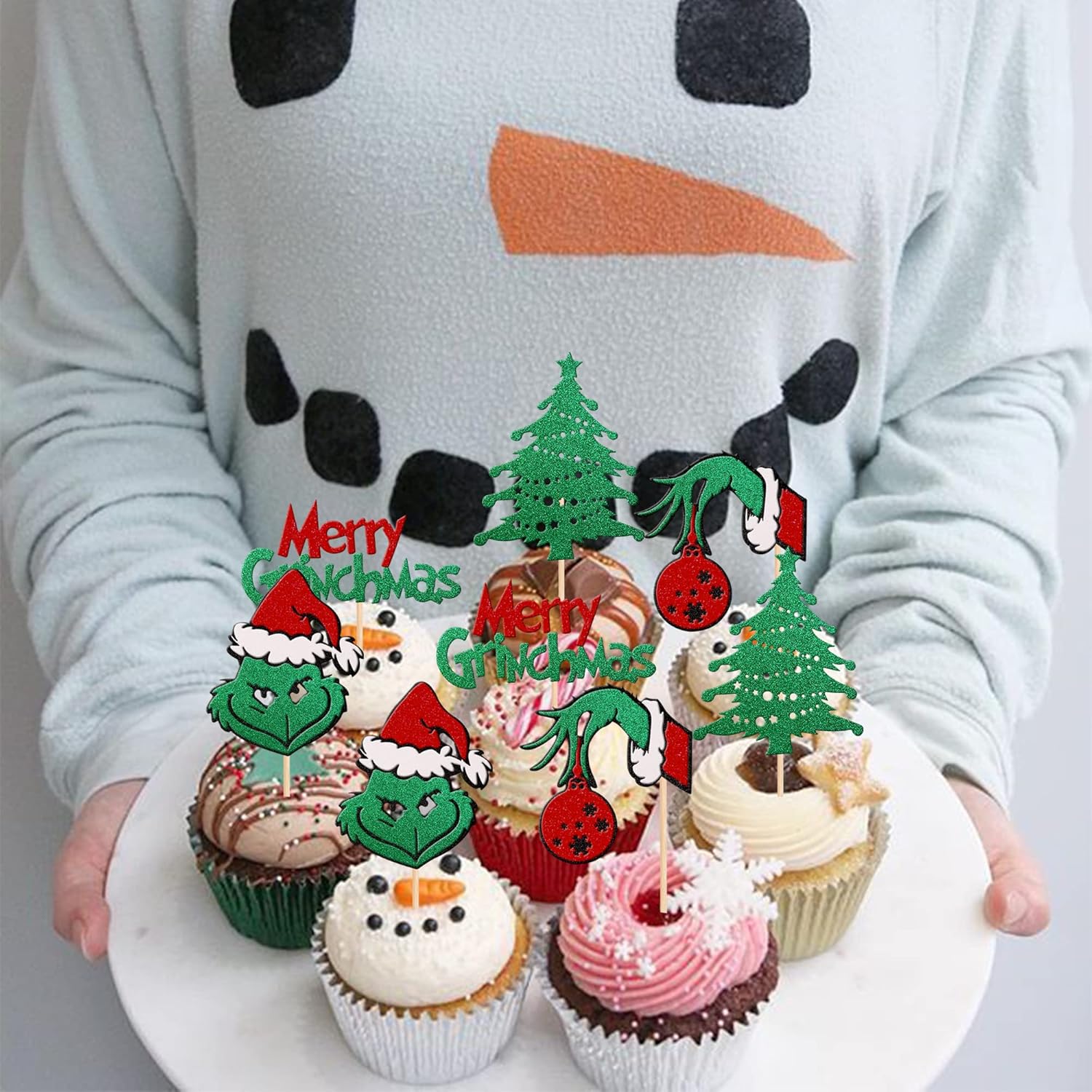 24 piezas de decoración para cupcakes con temática de Grinchmas Grinch rojo y verde con purpurina para árbol de Navidad para árbol de Navidad con