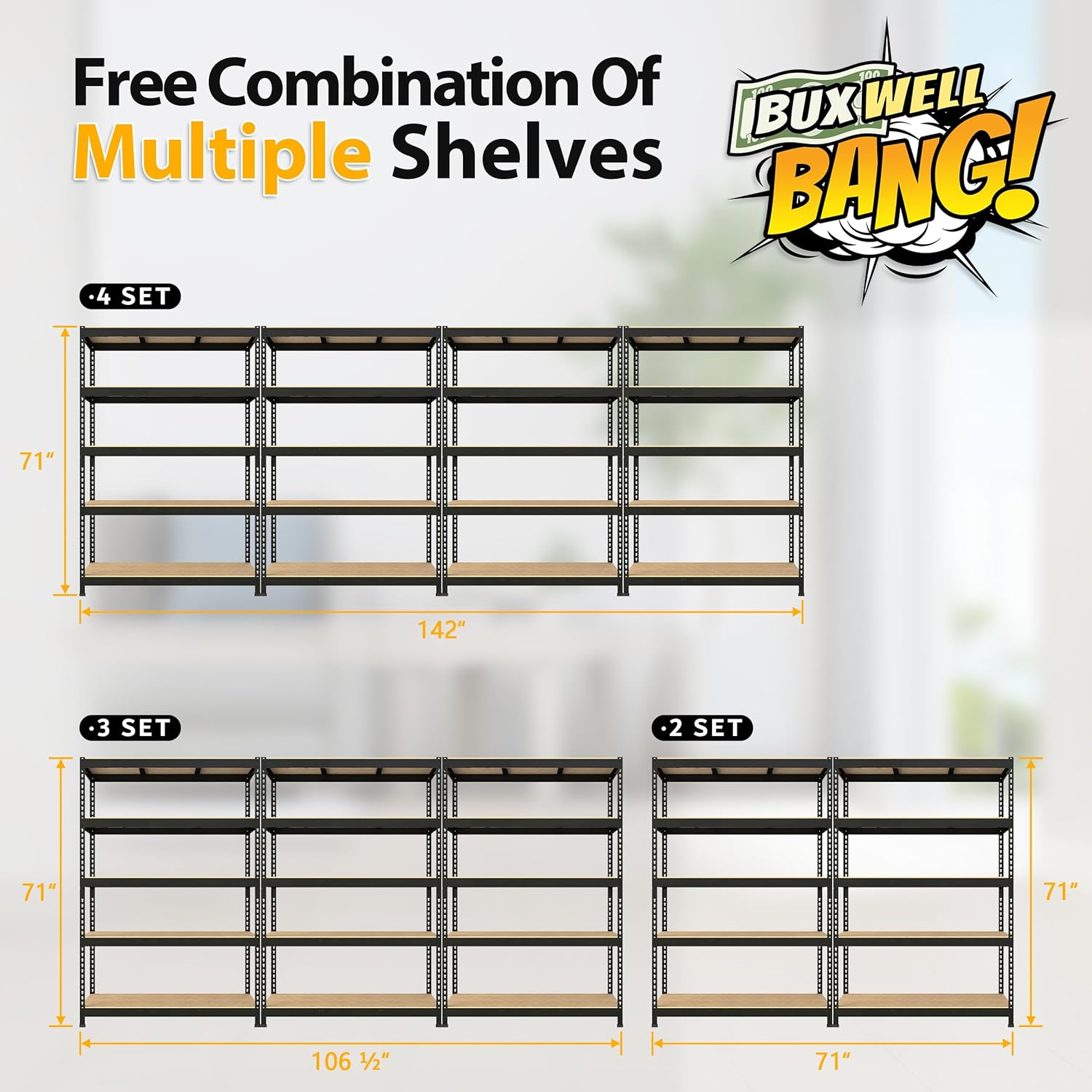 BuxWellBang Paquete de 4 estantes de almacenamiento ajustables de 48 pulgadas de ancho x 24 pulgadas de profundidad x 72 pulgadas de alto, 5