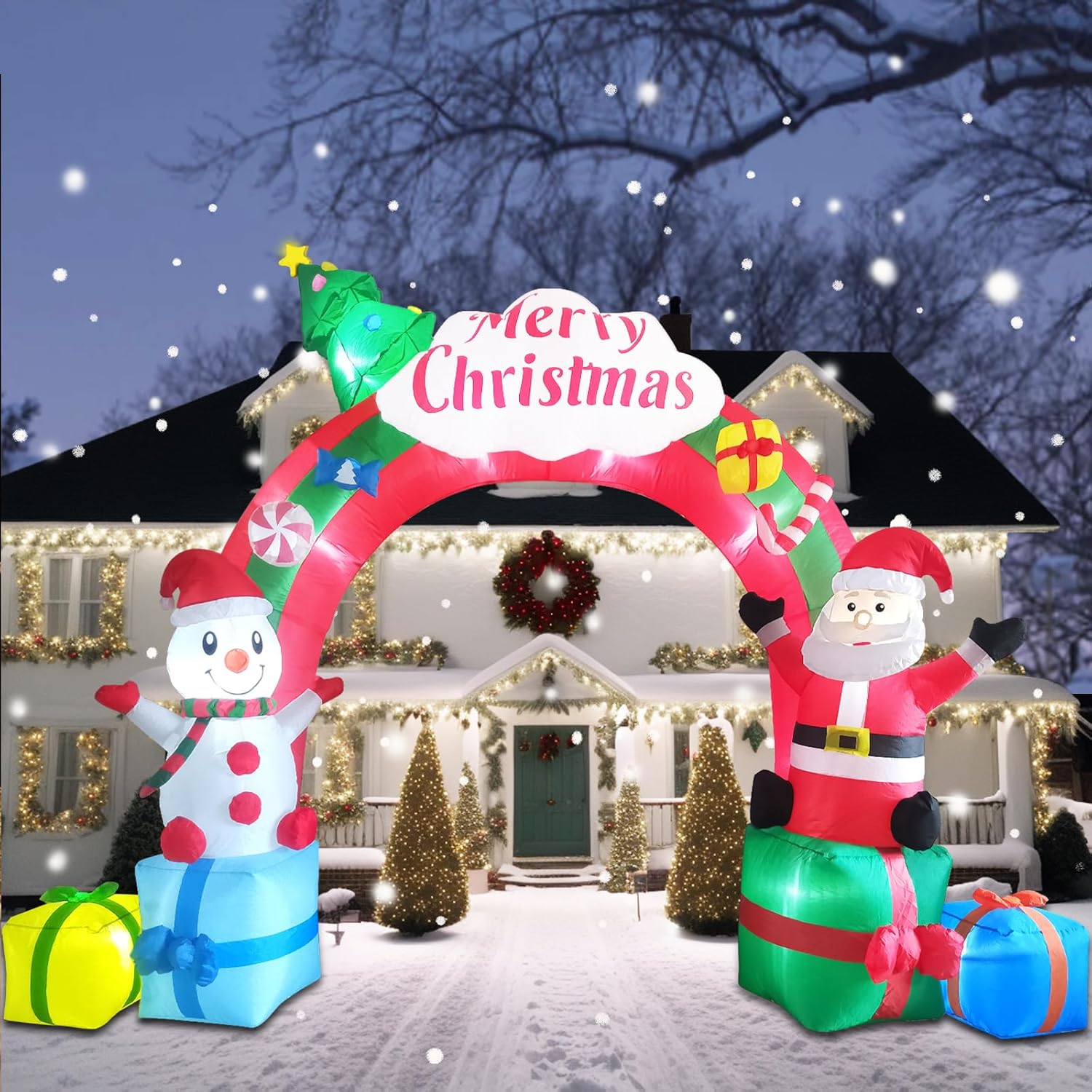 Arco inflable de Navidad de 12.5 pies, Papá Noel inflable y muñeco de nieve sentado en cajas de regalo, arco de Navidad inflable para decoración de