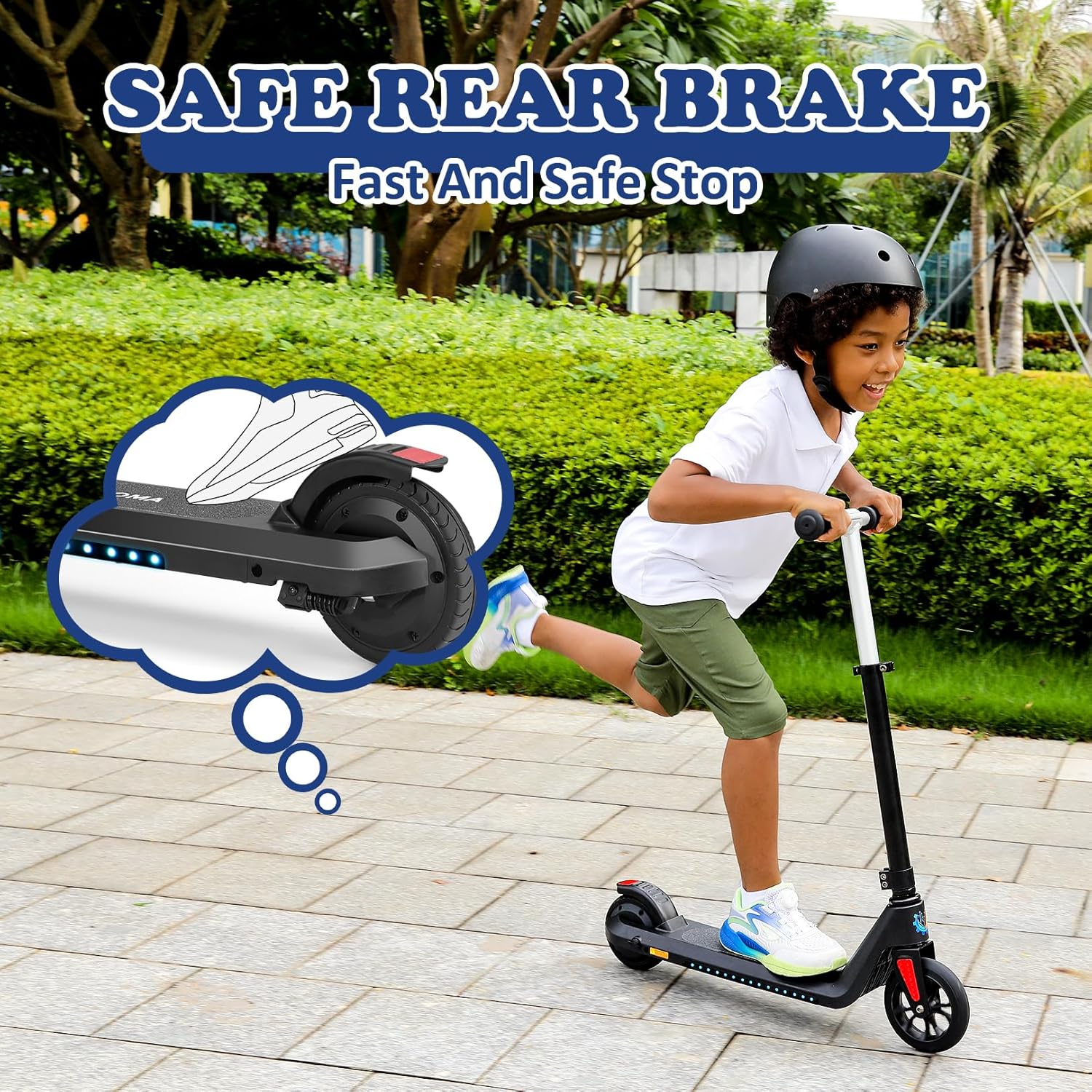 Caroma Scooter eléctrico para niños de 6 a 14 años, motor de 150 W, 10 mph, 80 minutos de tiempo de conducción, velocidad y altura ajustables, luces