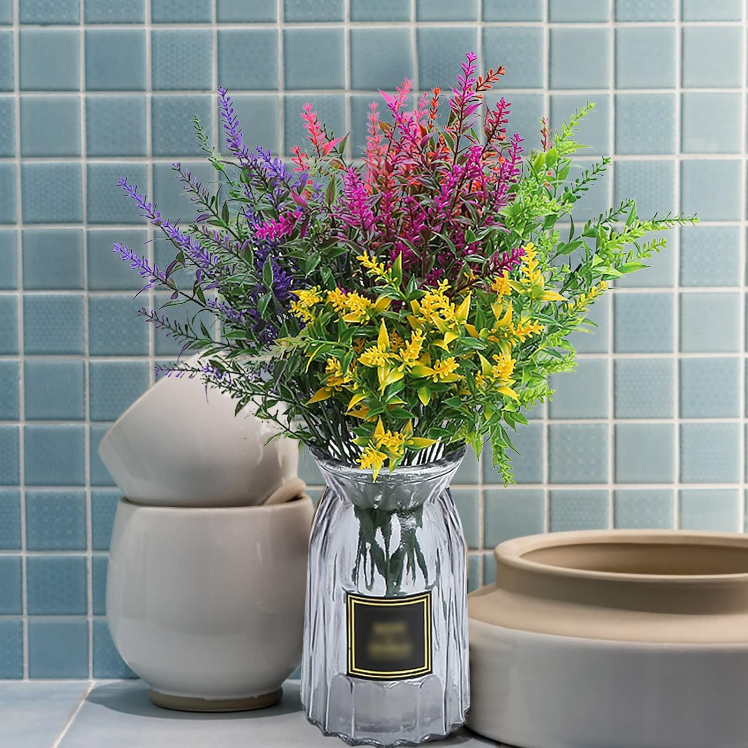 Flores falsas para exteriores, flores artificiales de seda de lavanda, flores de imitación de lavanda, planta verde, arreglo floral en maceta, flor