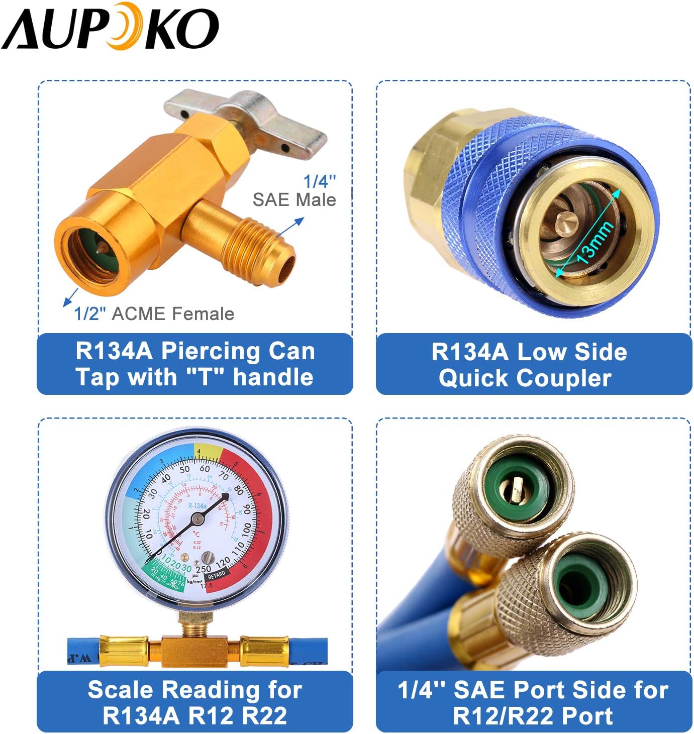 Aupoko AC R134A – Kit de recarga de freón para refrigerador con válvula de perforación de bala de 2 piezas, R134A Piercing Can Tap, R410A adaptador