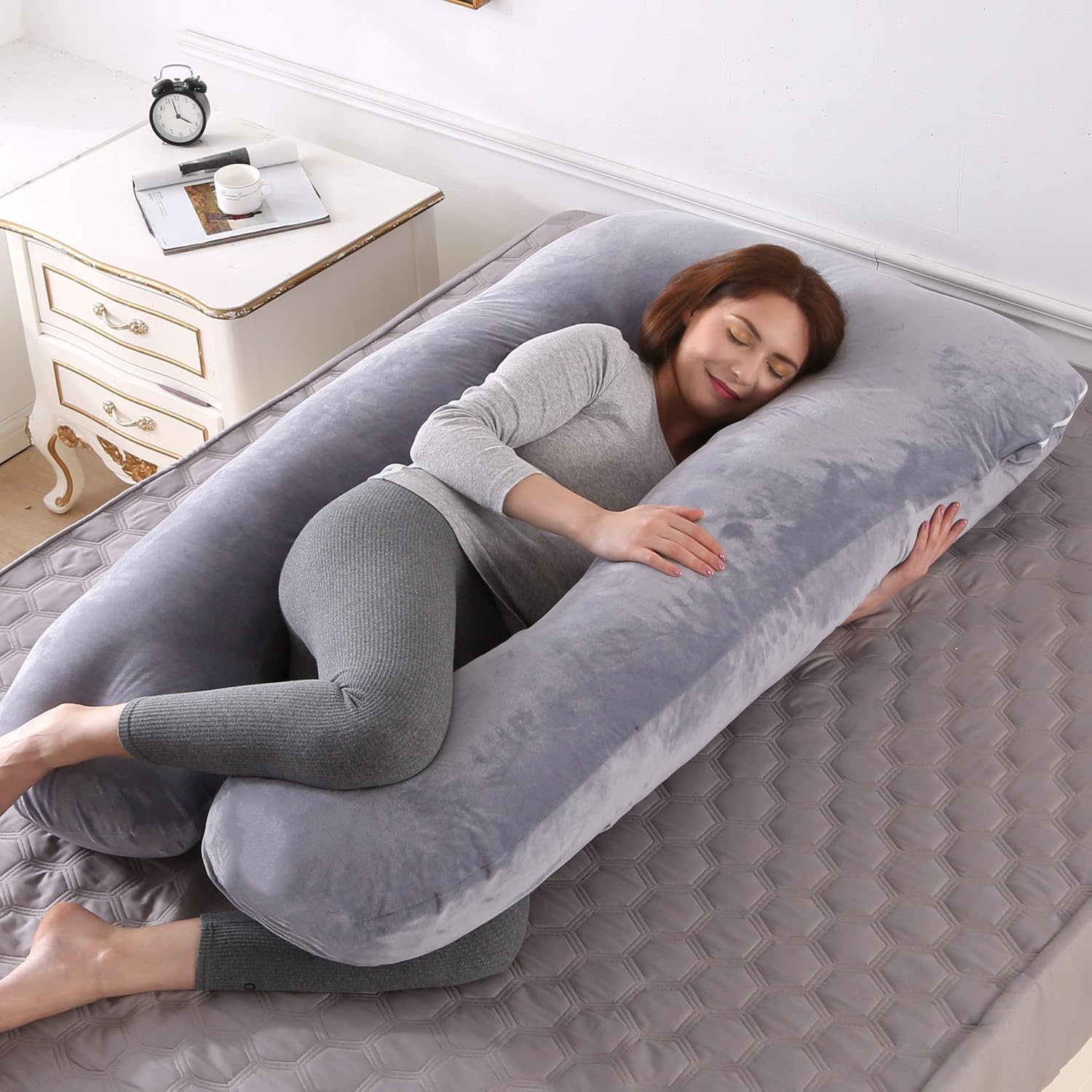 Kingta Almohada de embarazo en forma de U con funda de terciopelo lavable, almohada de maternidad de 57 pulgadas para mujeres embarazadas, soporte