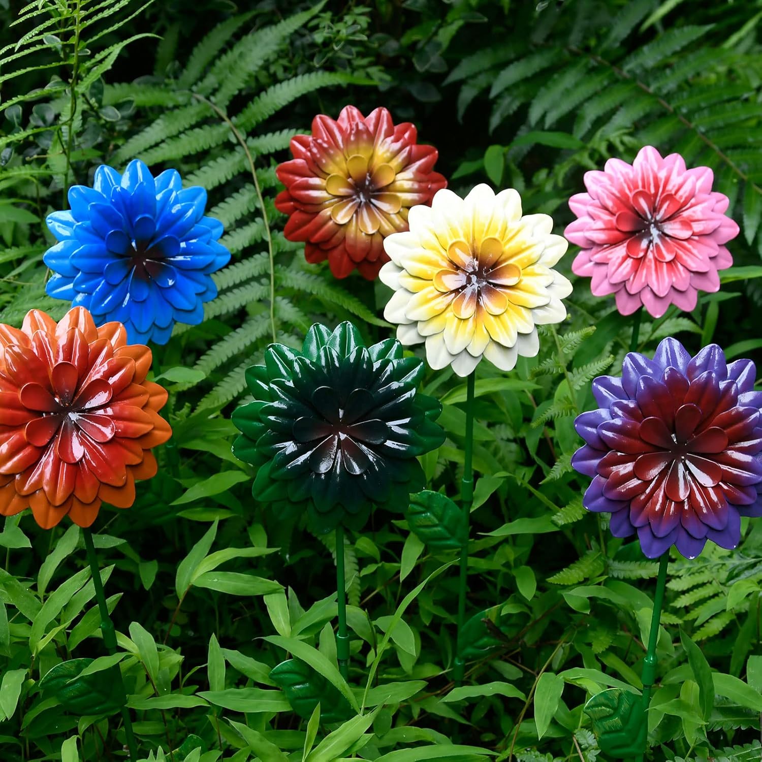 7 estacas de metal para jardín, flores de primavera de metal de 15 pulgadas, decoración al aire libre, decoración artística de patio, plantas de