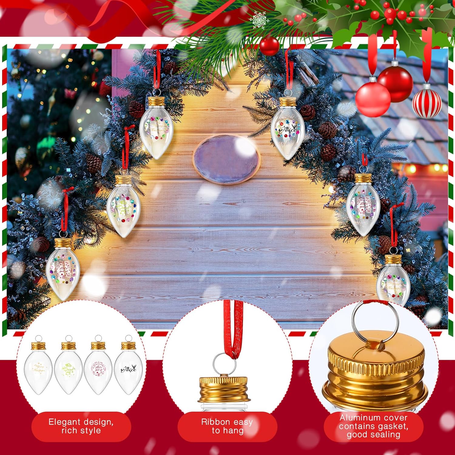 Suttmin 24 bolas de alcohol de Navidad, bolas de plástico transparente para adornos, adorno colgante para árbol con calcomanías de diamantes de