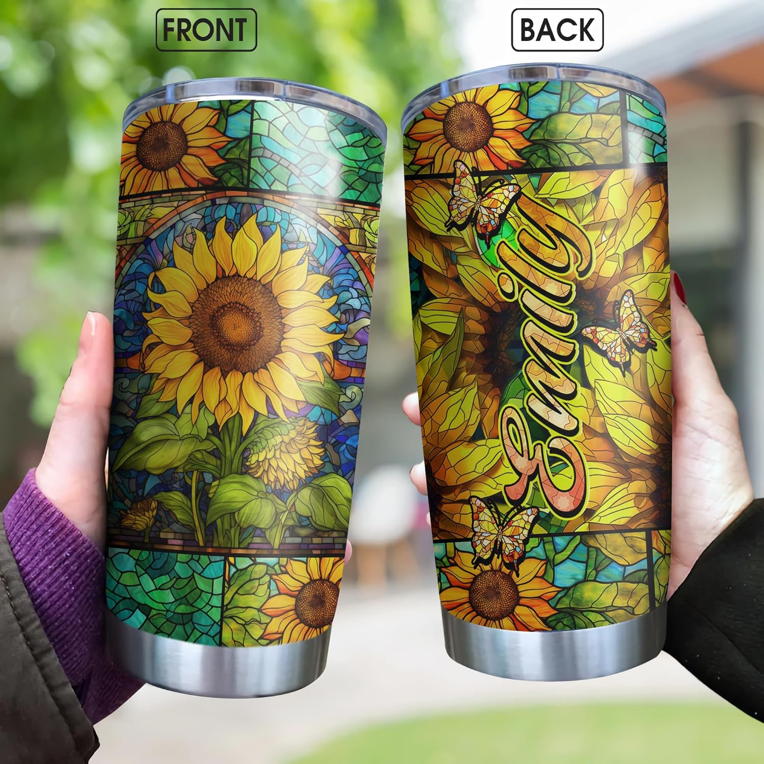 La Fonte Vaso de girasol personalizado, vaso temático de vidrieras de girasol, taza de café para amantes de los girasoles, taza de viaje de girasol,
