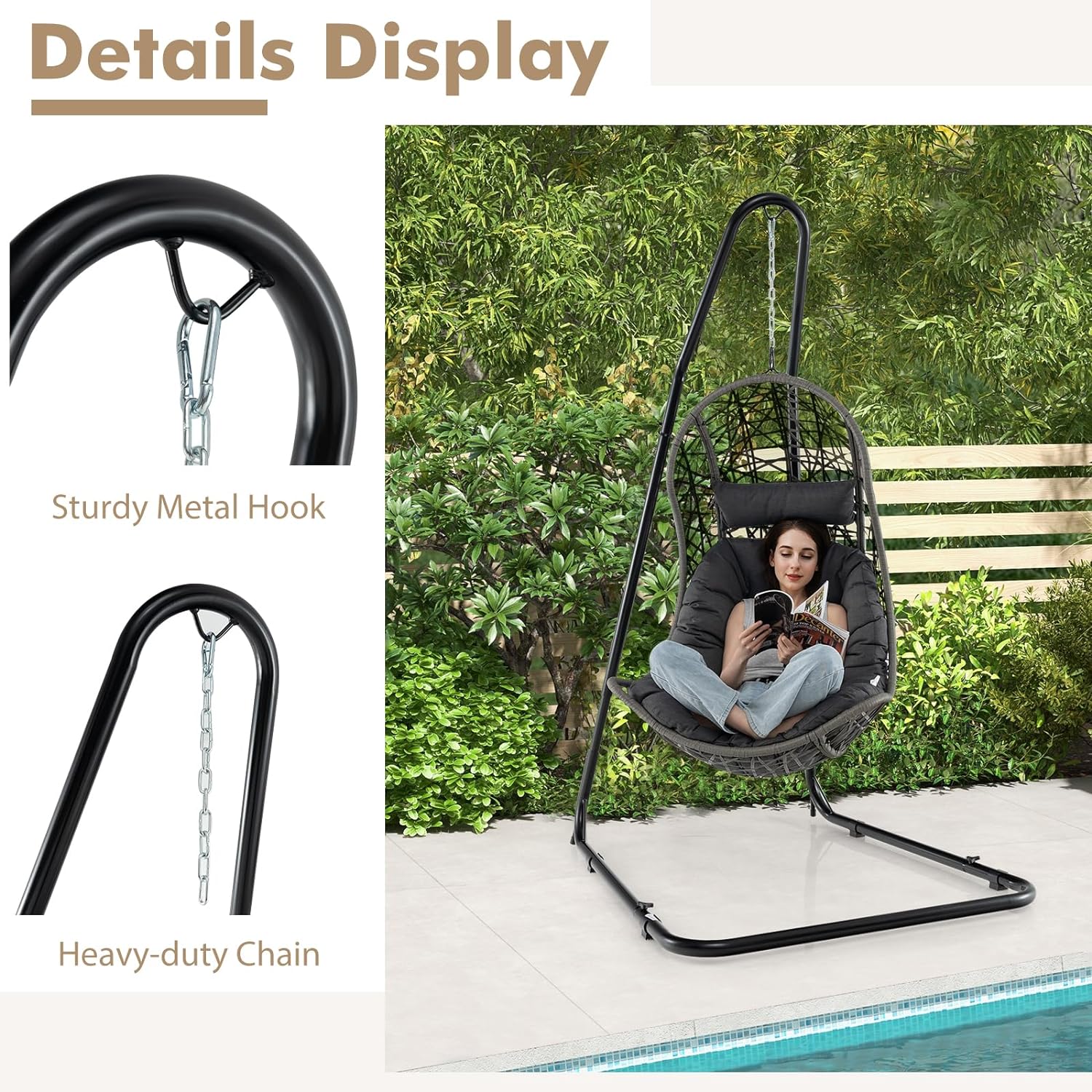 Giantex Soporte de hamaca para exterior, soporte de columpio de metal resistente con gancho de seguridad y cadena resistente, soporte de silla