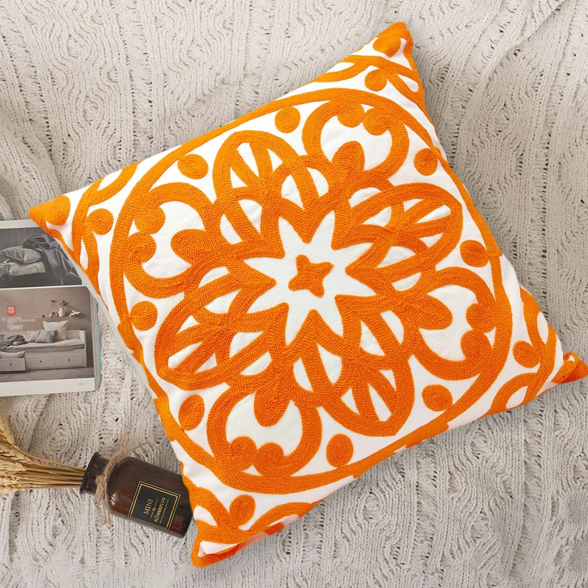 Funda de almohada decorativa bordada de 20 x 20 pulgadas, patrón de mandala bohemio moderno y grueso, lona de algodón duradera suave funda de cojín