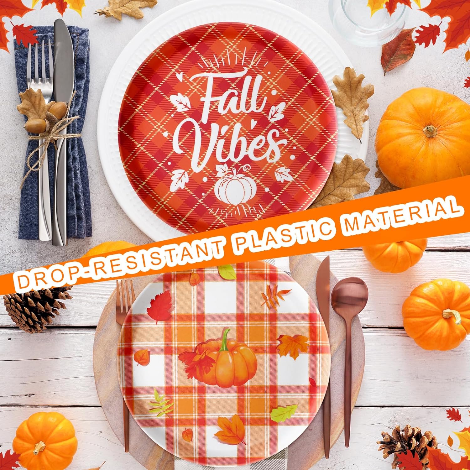12 platos de postre de otoño, hojas de otoño, platos de calabazas, platos reutilizables de plástico para otoño, para fiesta de Acción de Gracias,