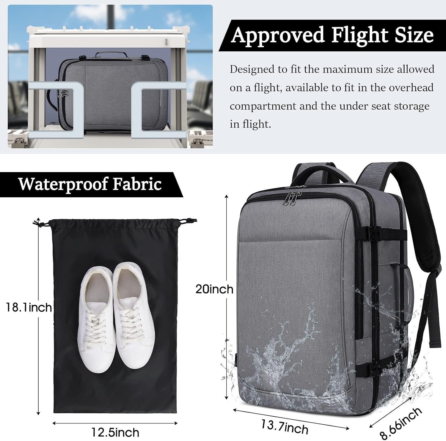 IGOLUMON Mochila de viaje para hombres y mujeres, 40L, aprobada para vuelo, mochila de transporte impermeable de 17 pulgadas para laptop, Gris