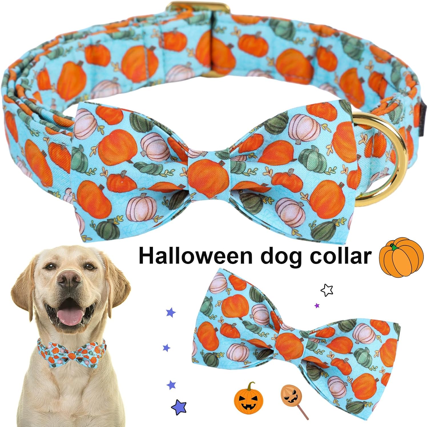 ARING PET Collar de perro de Halloween de algodón con diseño de calabaza con lazo, ajustable de calabaza azul, collares para cachorros con hebilla