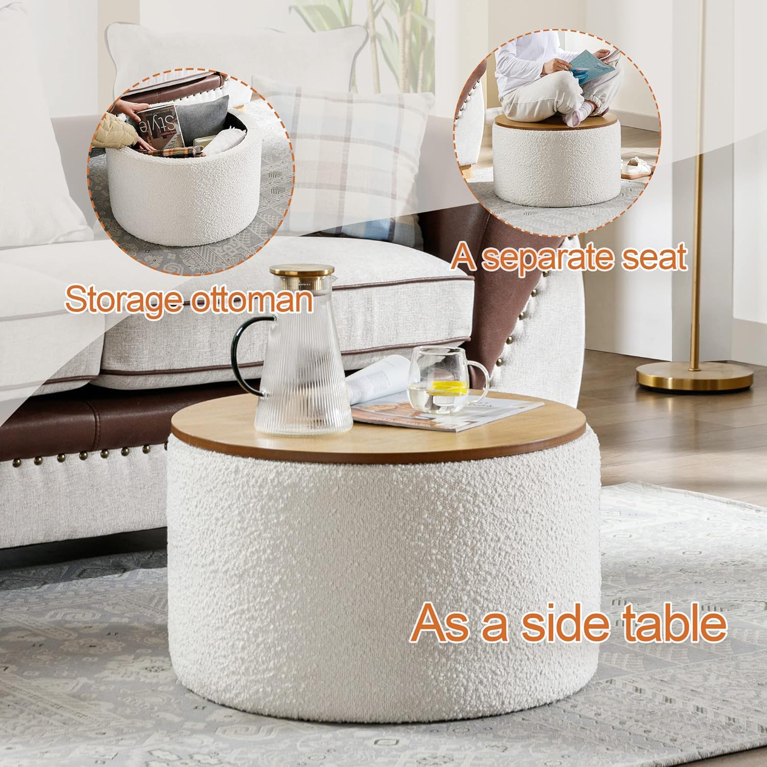 Zibeths Otomana de almacenamiento, otomana con almacenamiento para sala de estar, reposapiés Farbic Beige Boucle, mesa auxiliar con tapa de madera,