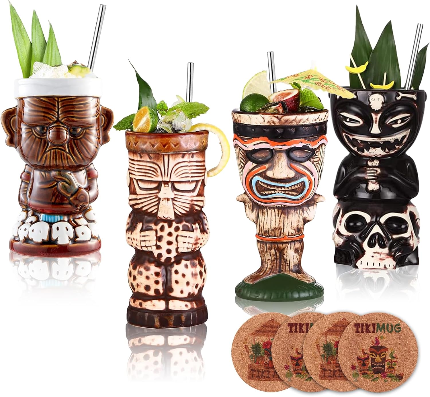 Juego de 4 tazas Tiki para cóctel, vasos de cerámica Tiki para fiesta de estilo hawaiano, vasos tropicales para barras Mai Tai, Luaus y Tiki.