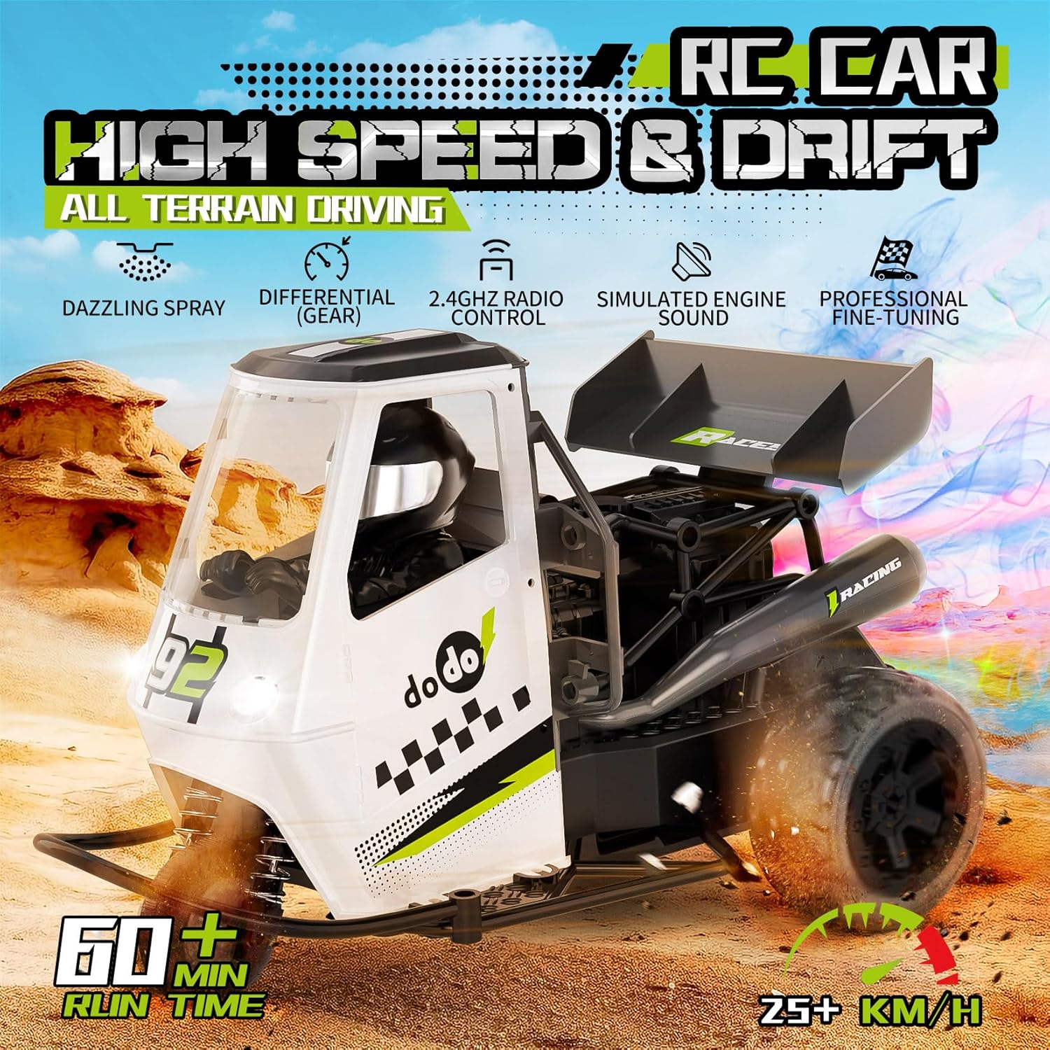 Autos a control remoto, 25+ KMH RC Car 116 todo terreno RC Drift Car 2.4Ghz Spray Monster Trucks para niños con luz LED y 2 baterías recargables,