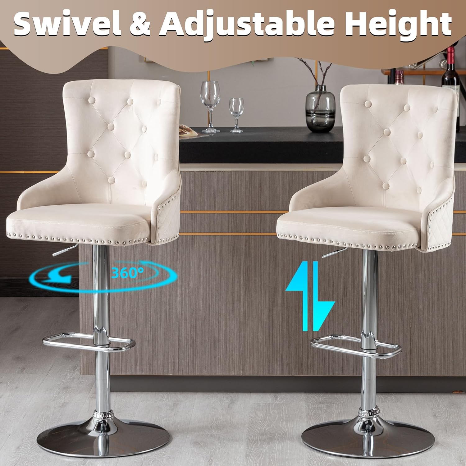 Juego de 2 taburetes de bar, taburetes de bar giratorios de terciopelo ajustable en altura de mostrador con reposapiés, acolchado suave tapizado con
