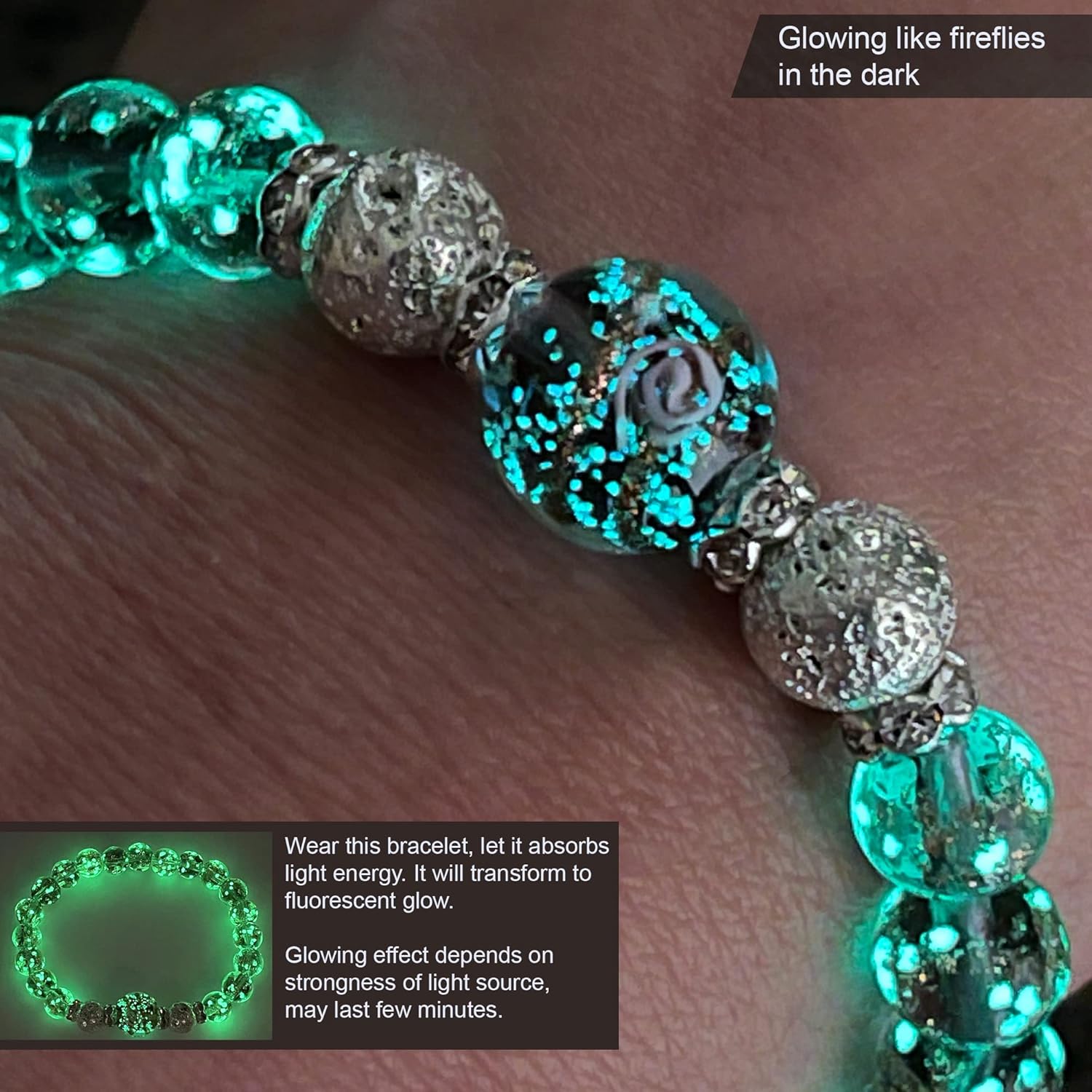 ARTSY Crafts Glow in the Dark Firefly Beads Bracelet for Women, Luminous Glass Beads Healing Crystal Glowing Beaded Bracelets, Mermaid Bracelet,