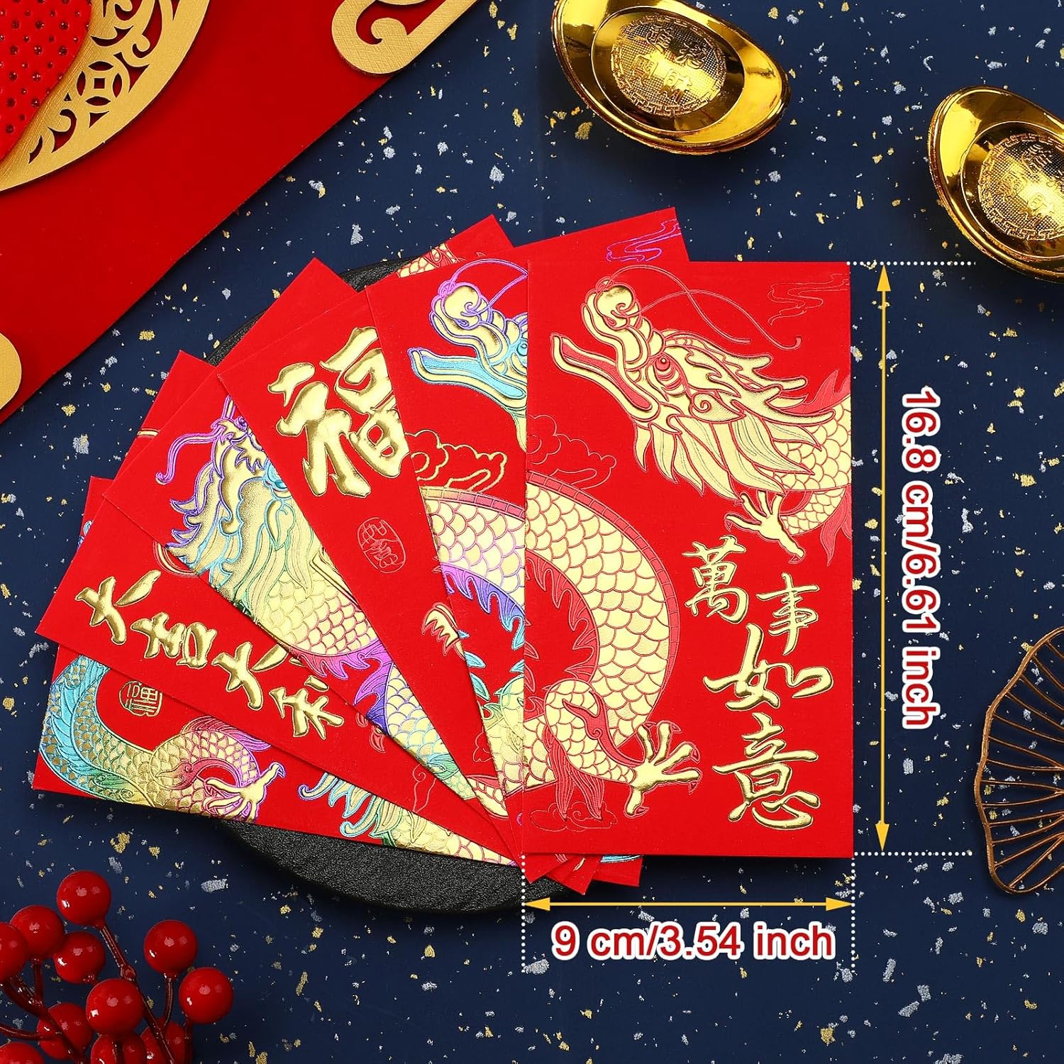 UPINS Sobres rojos de año nuevo chino 2024, 48 sobres rojos de dinero de la suerte Hong Bao con estampado de dragón lunar en relieve para decoración