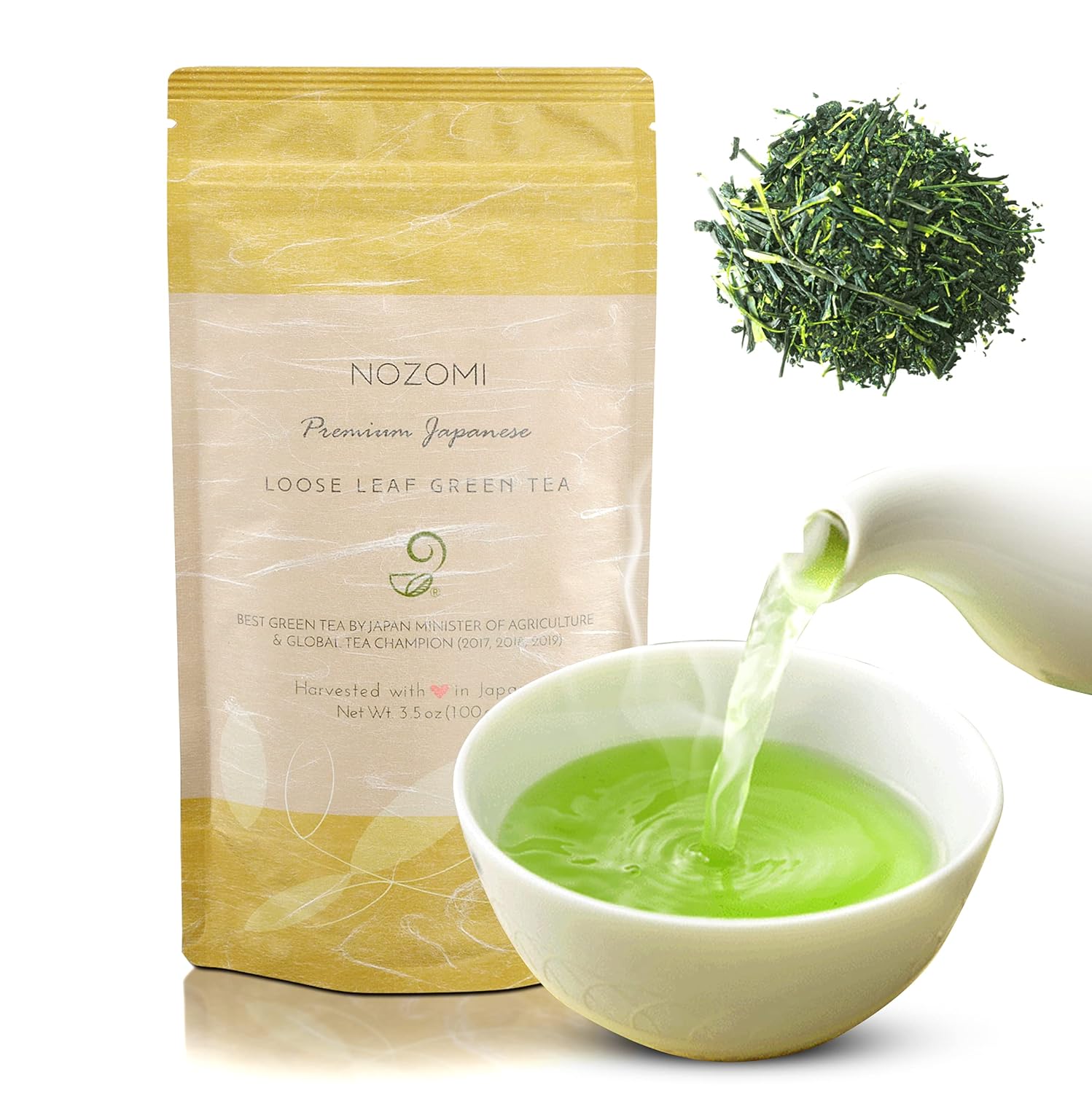Nozomi Té verde japonés de hojas sueltas (3.5 onzas)  Vegano de origen único rico en antioxidantes Kabuse Sencha Té verde orgánico