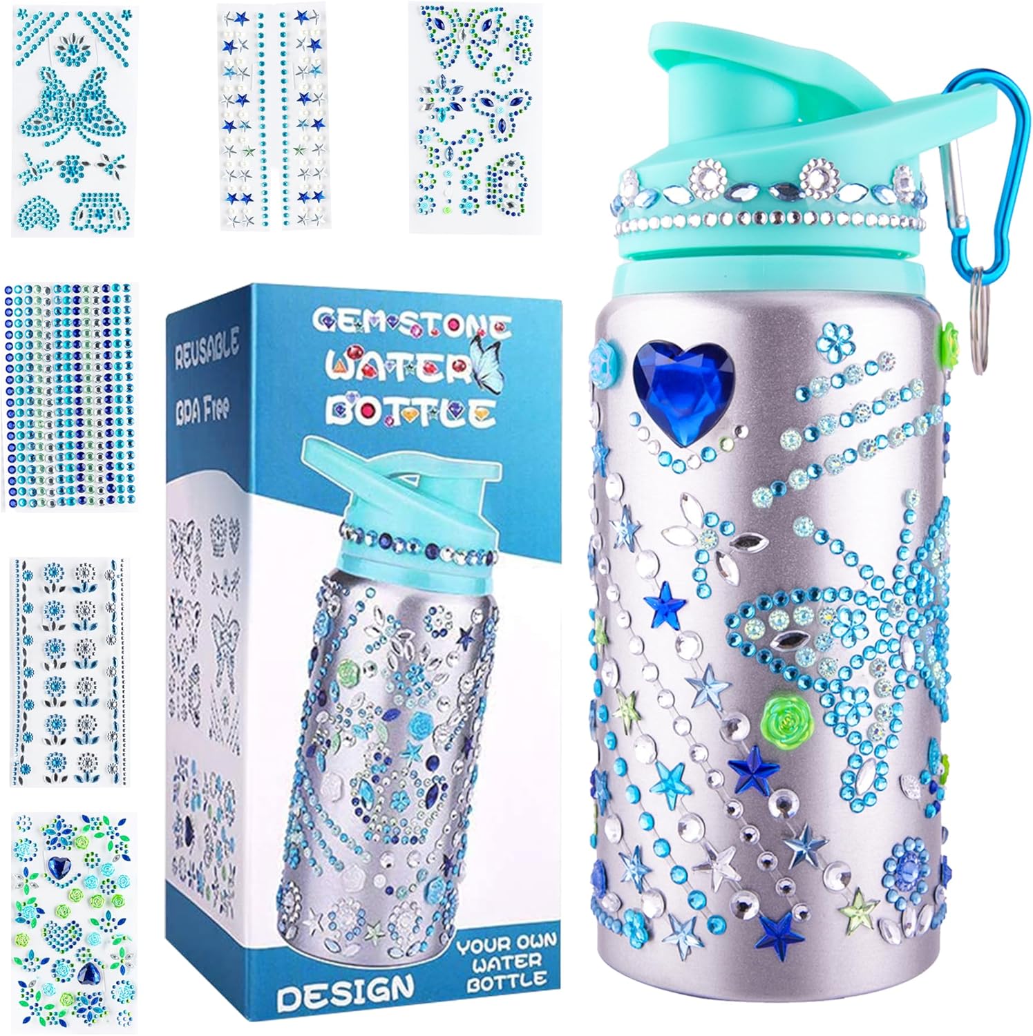 Regalo para niñas, decora tus propias botellas de agua con calcomanías de arte de gemas, calcomanías para botellas de agua, kits de arte para niños