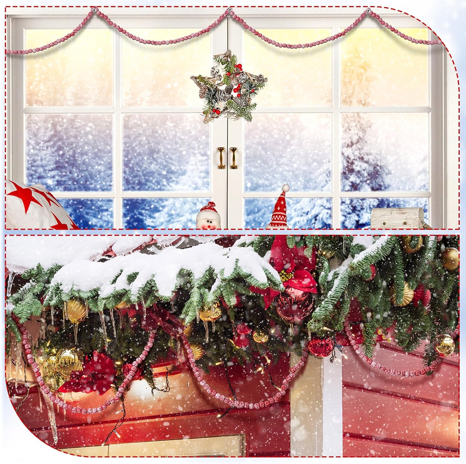 Guirnalda de cuentas de madera de Navidad de 16 pies para decoración de árbol de Navidad (rojo, blanco)