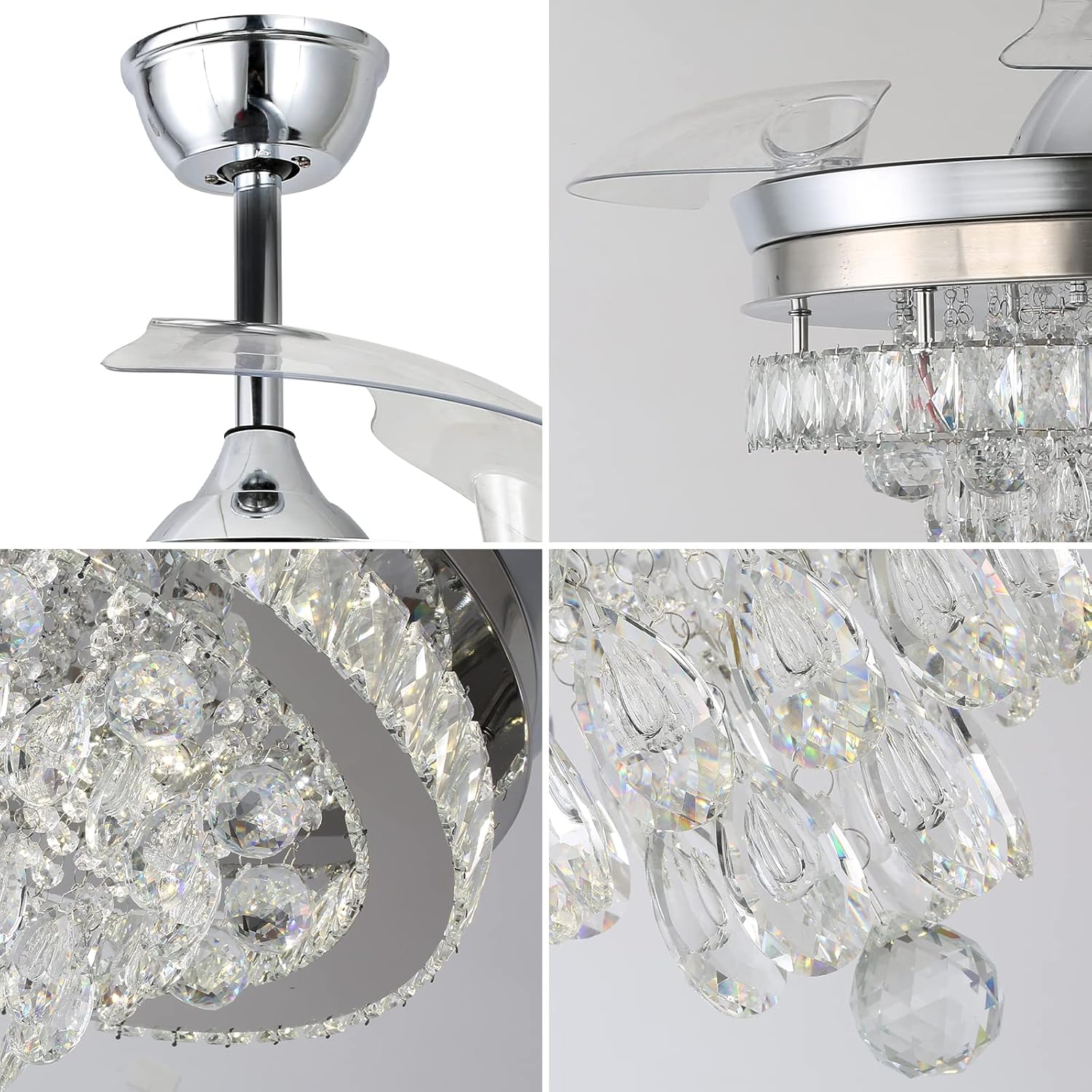 Finktonglan Ventilador de techo moderno de cristal de 42 pulgadas con luces con control remoto, ventilador de techo retráctil con luz LED empotrada,
