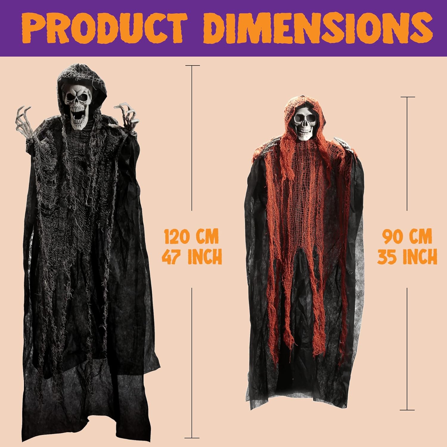 JOYIN Parcas colgantes de Halloween (paquete de 3), una de 47 pulgadas y dos de 35 pulgadas, esqueleto de Halloween fantasma volador para decoración