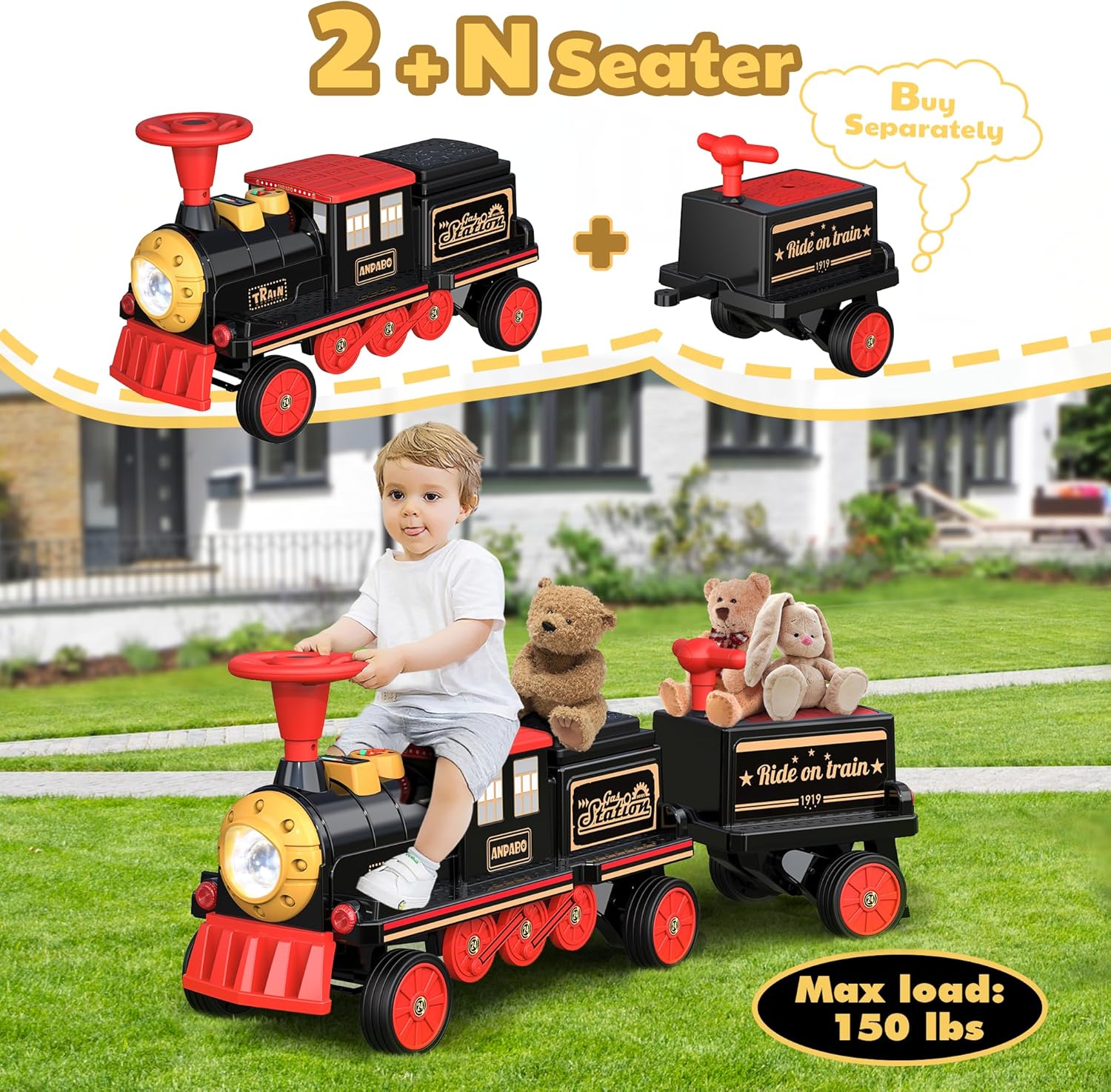 ANPABO Tren de 2 plazas sin pistas, juguete de 12 V con asiento ajustable en altura, almacenamiento adicional, faro, silbato de tren y música,