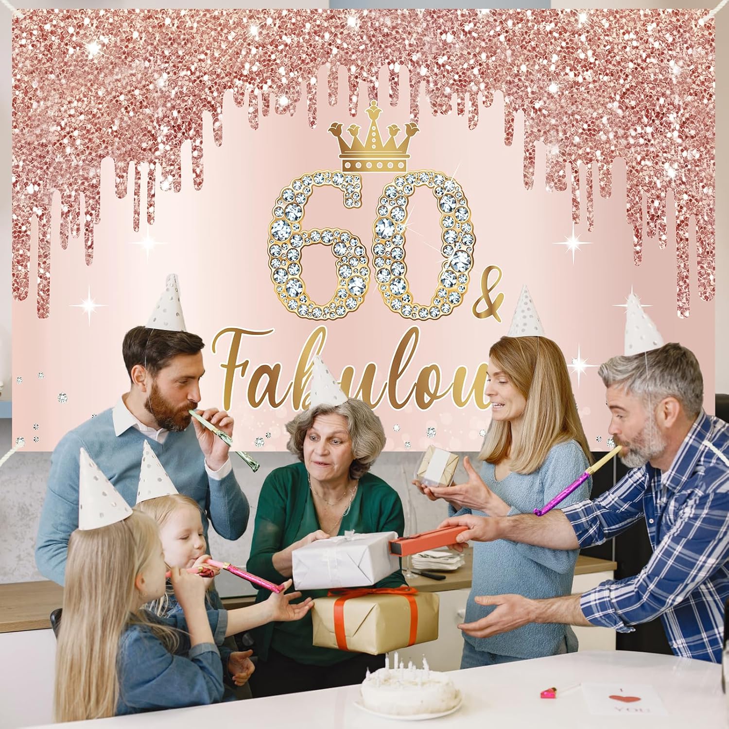 Cartel de 60 cumpleaños de oro rosa para mujer, decoración de fiesta de cumpleaños de 60 años para mujer, pancarta de oro rosa rosa de 60 y fabuloso